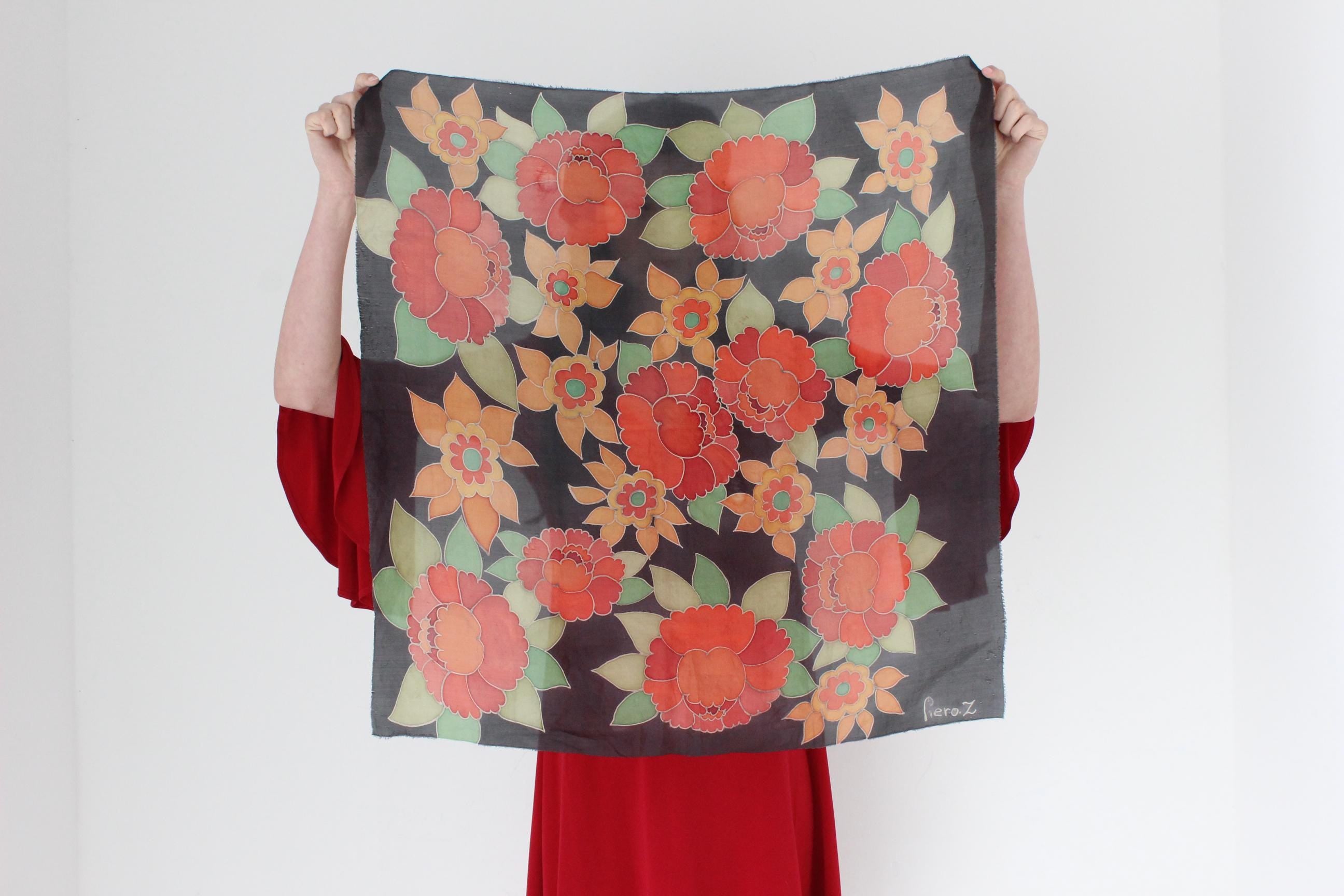 FRENCH COLLECTION 80s Hand Painted Silk Scarf