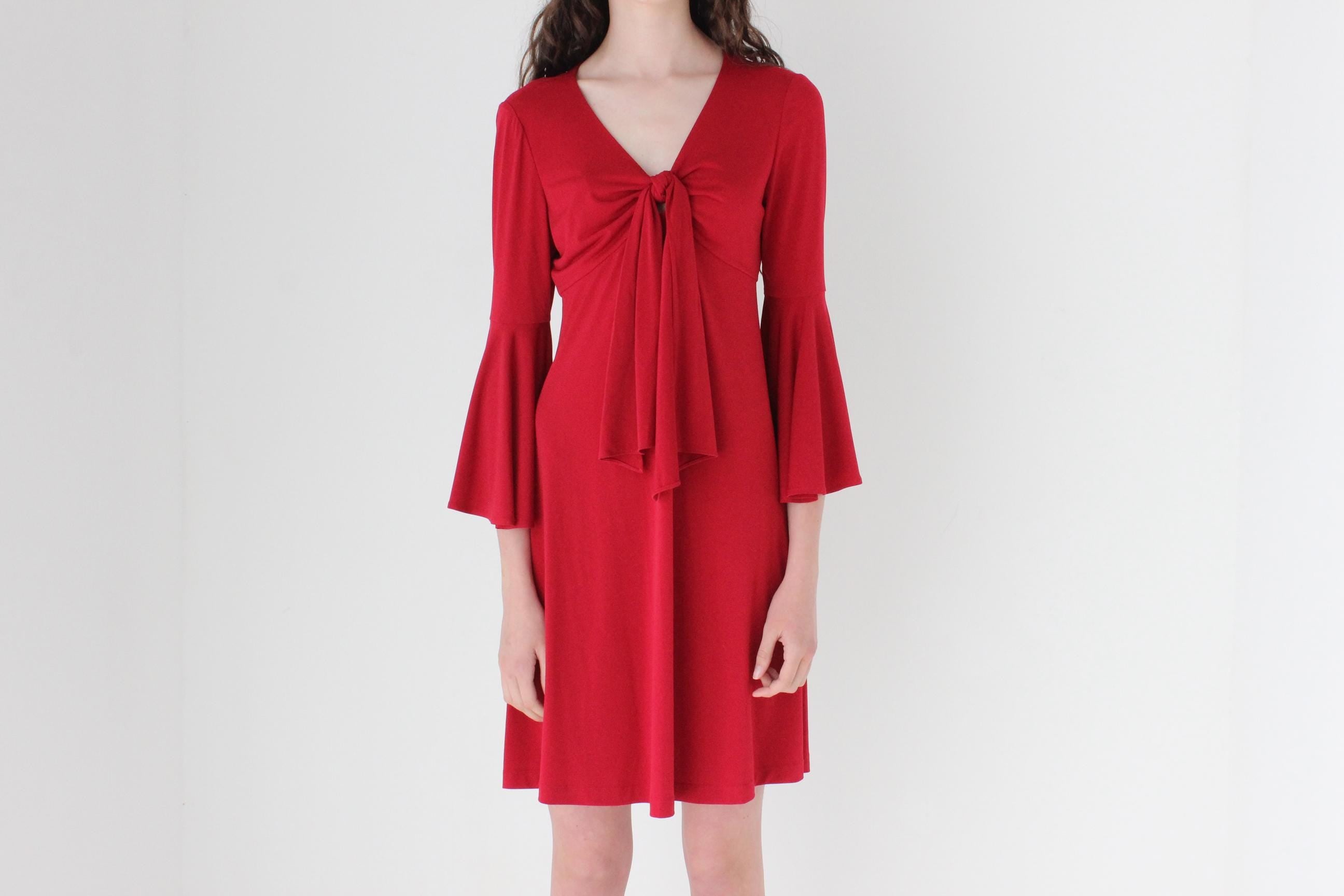 FRENCH COLLECTION 80s Vicky Tiel Tie Front Flare Sleeve Dress