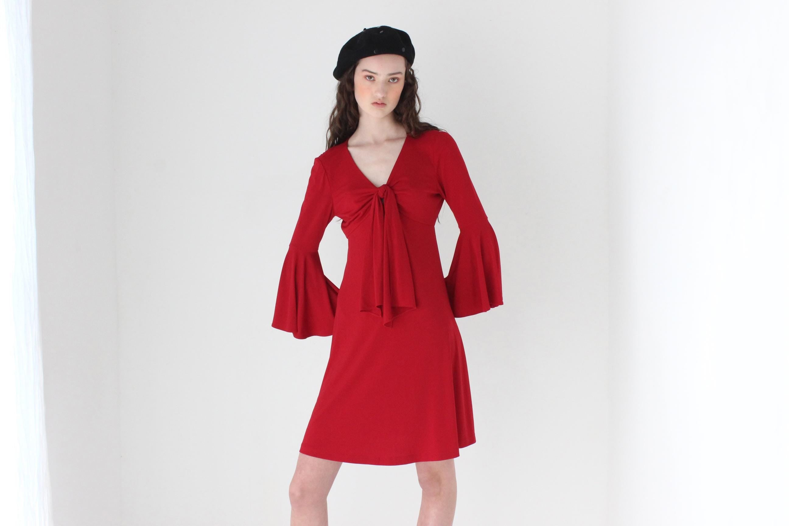 FRENCH COLLECTION 80s Vicky Tiel Tie Front Flare Sleeve Dress