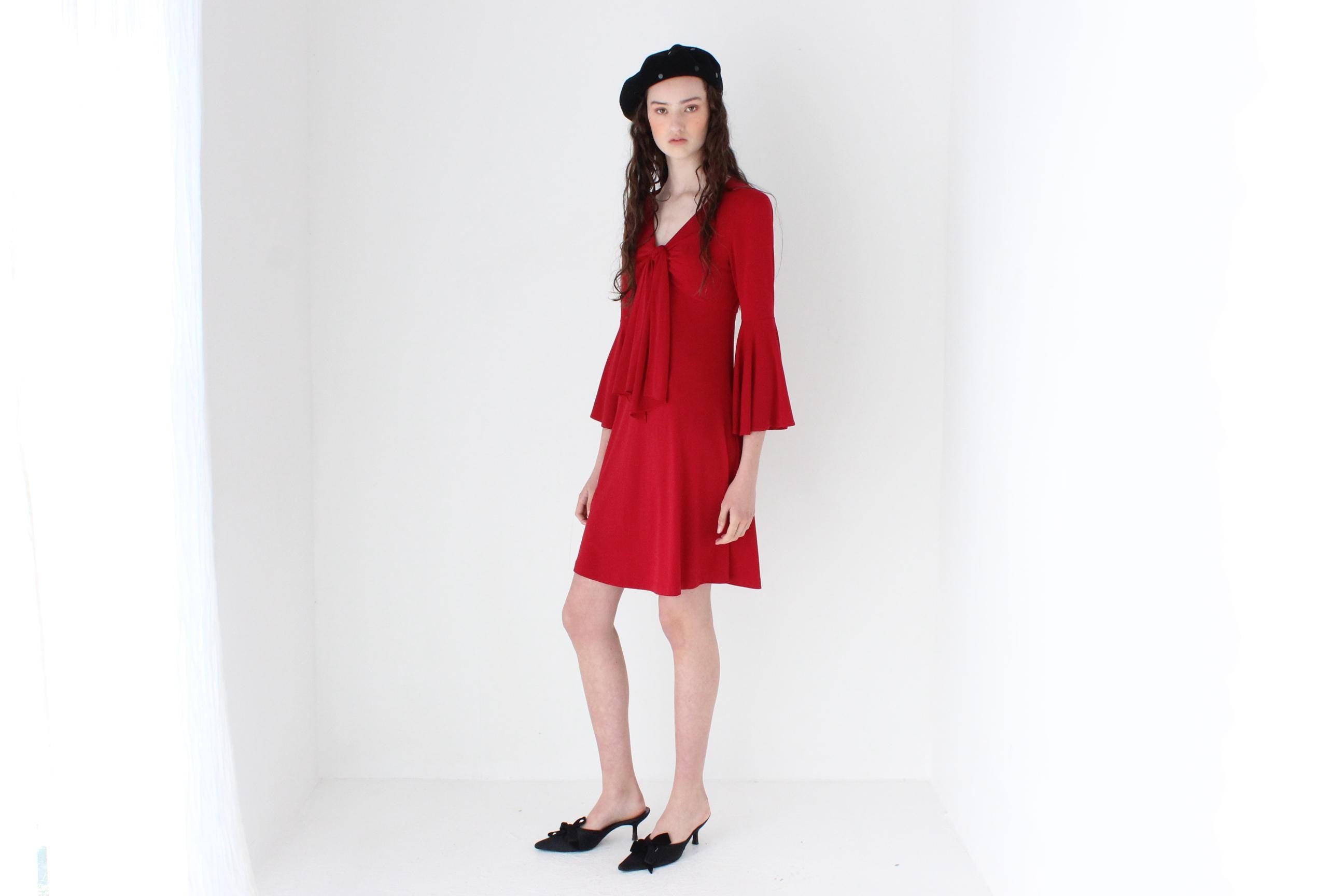 FRENCH COLLECTION 80s Vicky Tiel Tie Front Flare Sleeve Dress