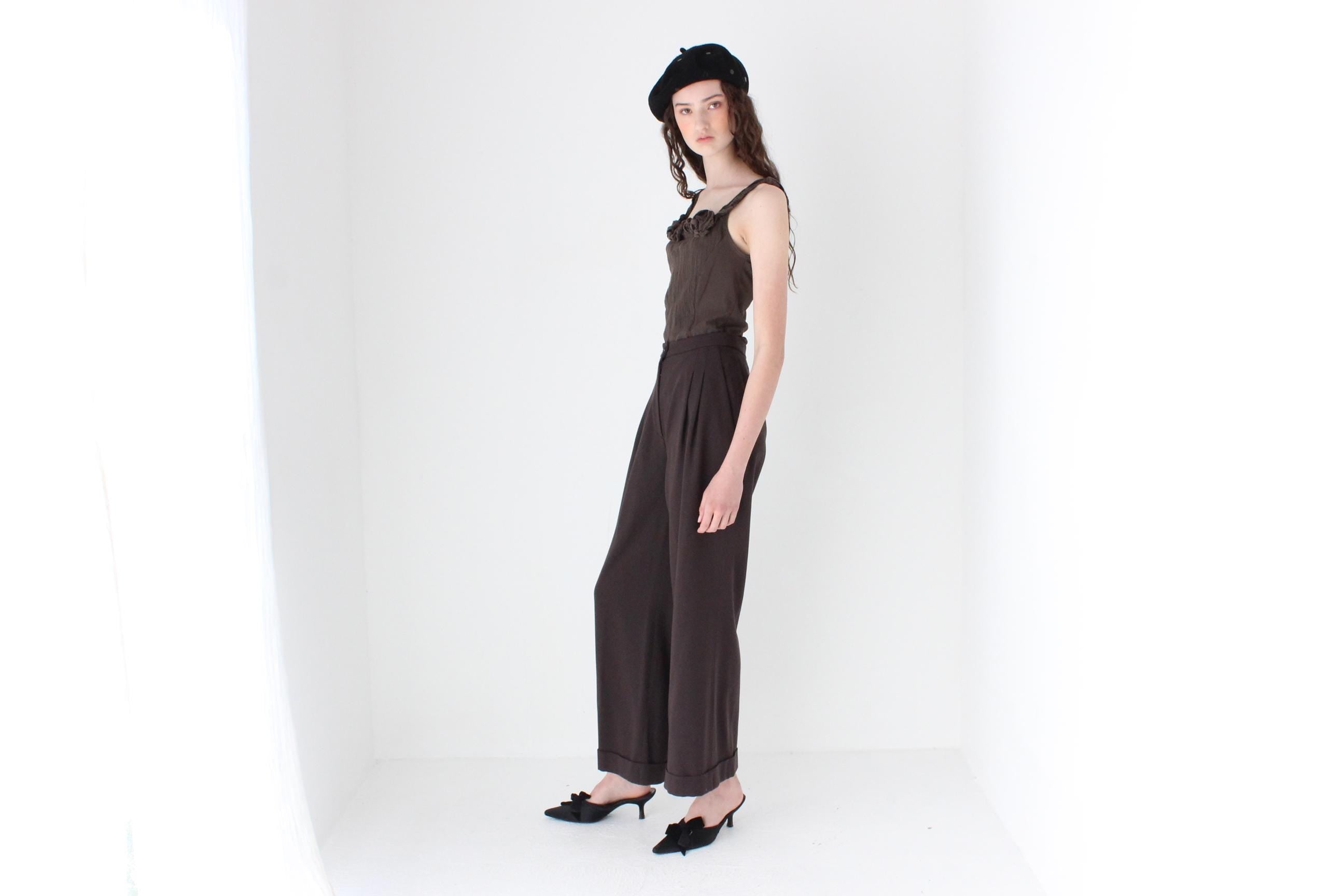 FRENCH COLLECTION 90s Christian Lacroix Pure Wool Chocolate Wide Leg Trousers