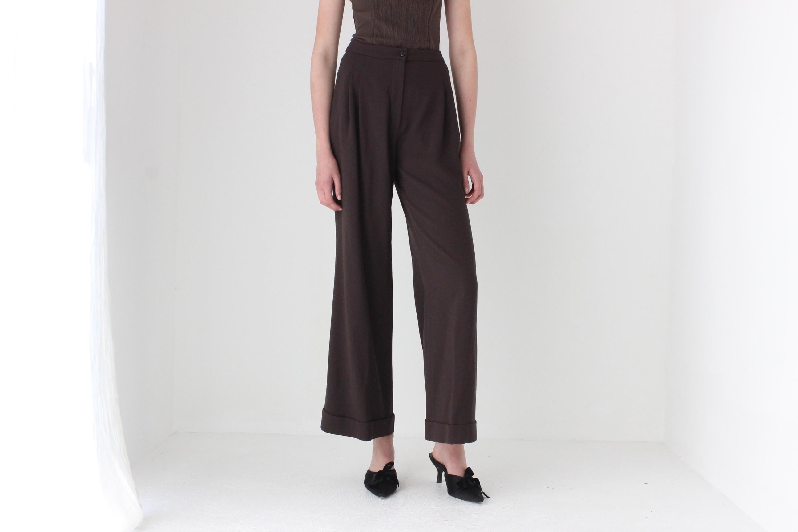 FRENCH COLLECTION 90s Christian Lacroix Pure Wool Chocolate Wide Leg Trousers
