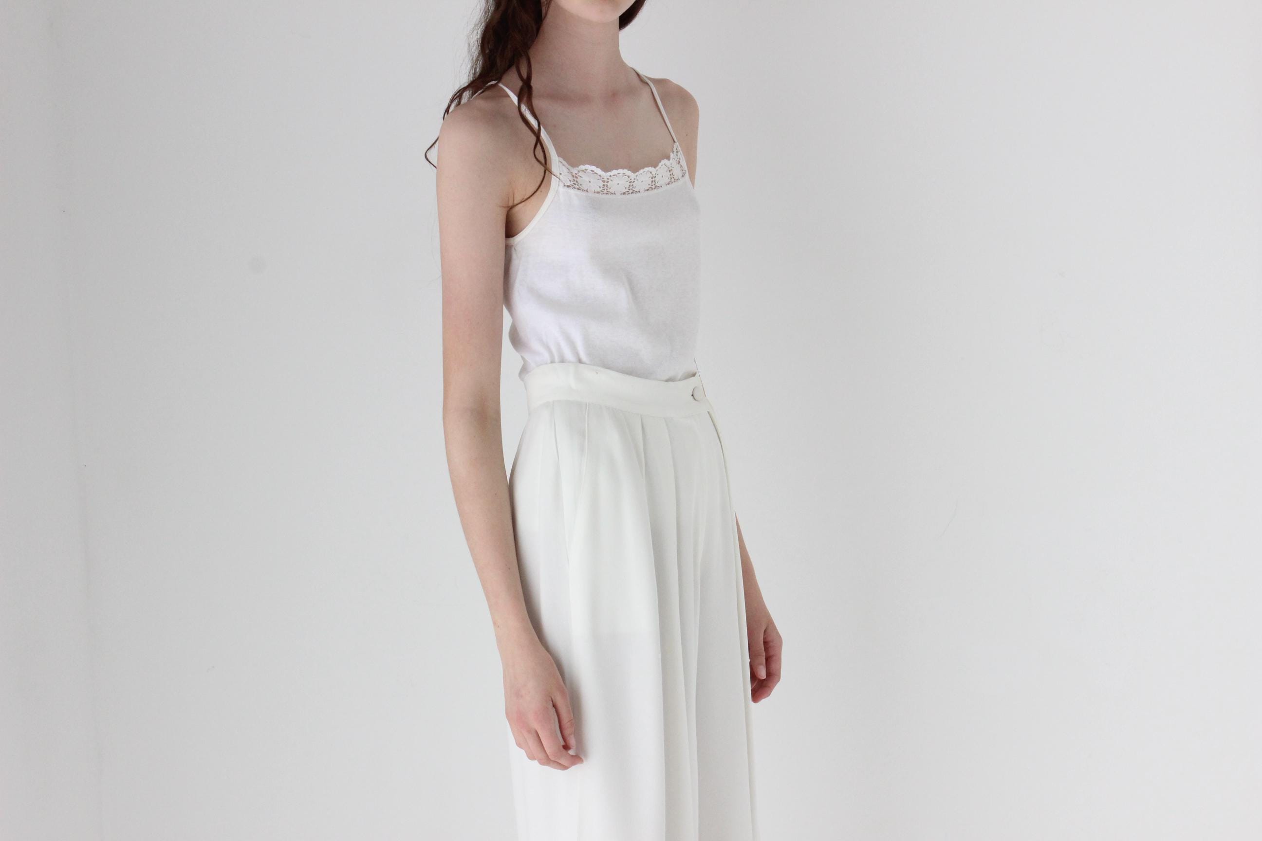 FRENCH COLLECTION 70s White Ribbed Cotton Tank w/ Lace Trim