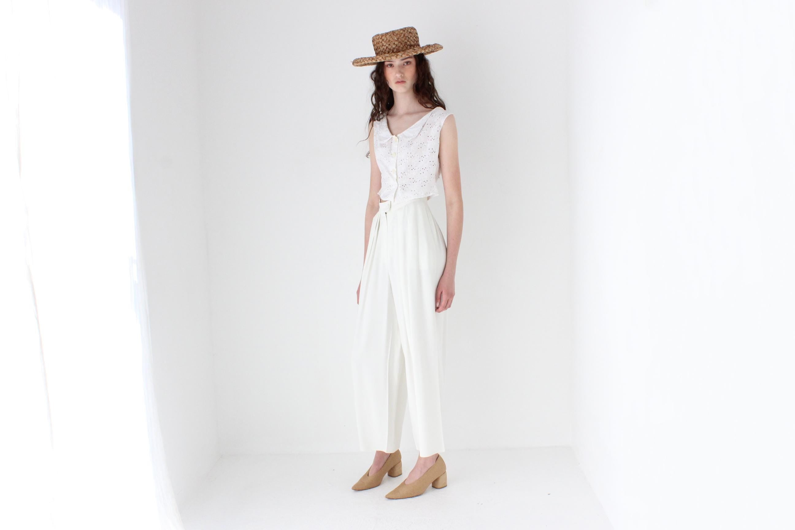 FRENCH COLLECTION Antique Broderie Anglaise Collared Crop Top