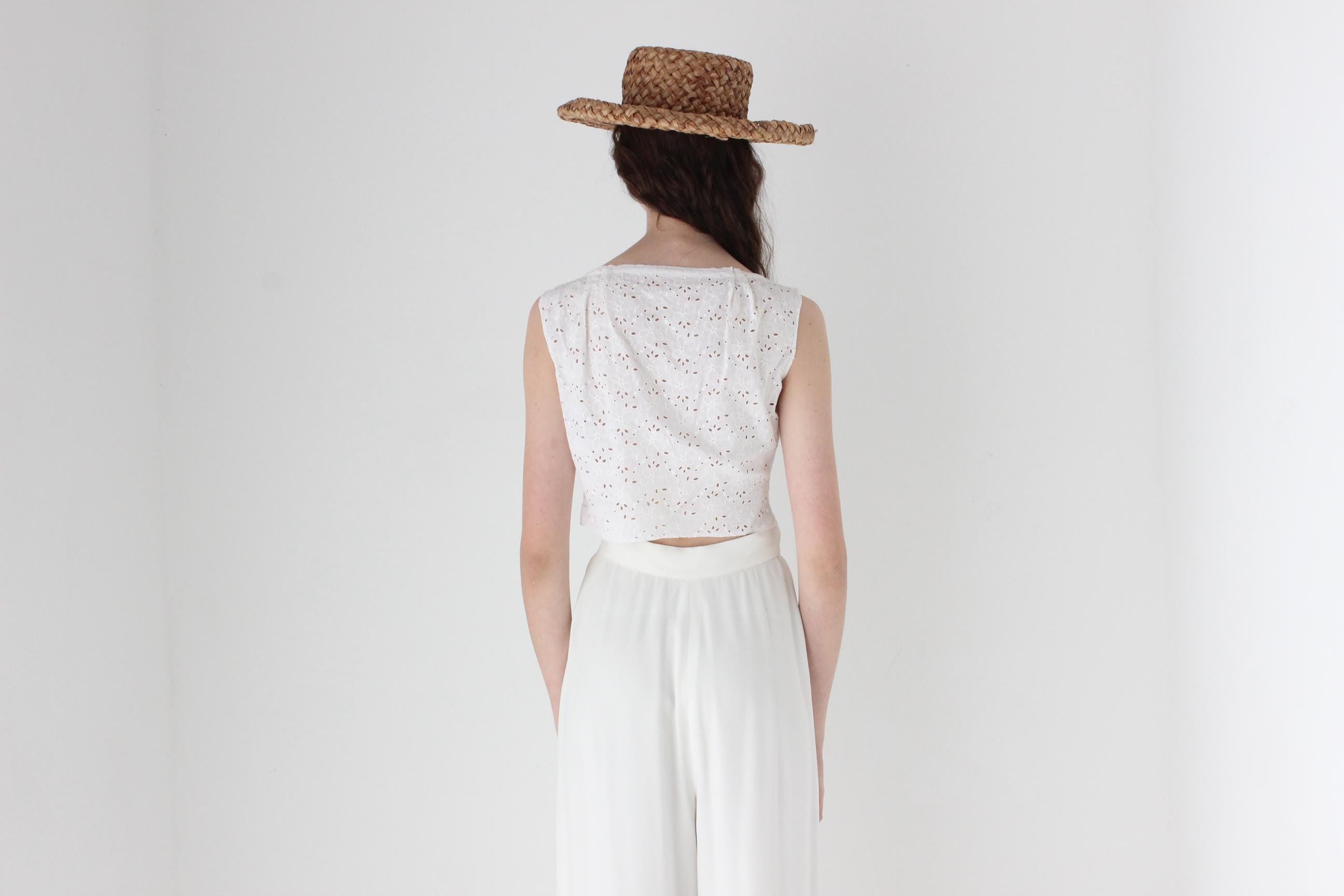 FRENCH COLLECTION Antique Broderie Anglaise Collared Crop Top