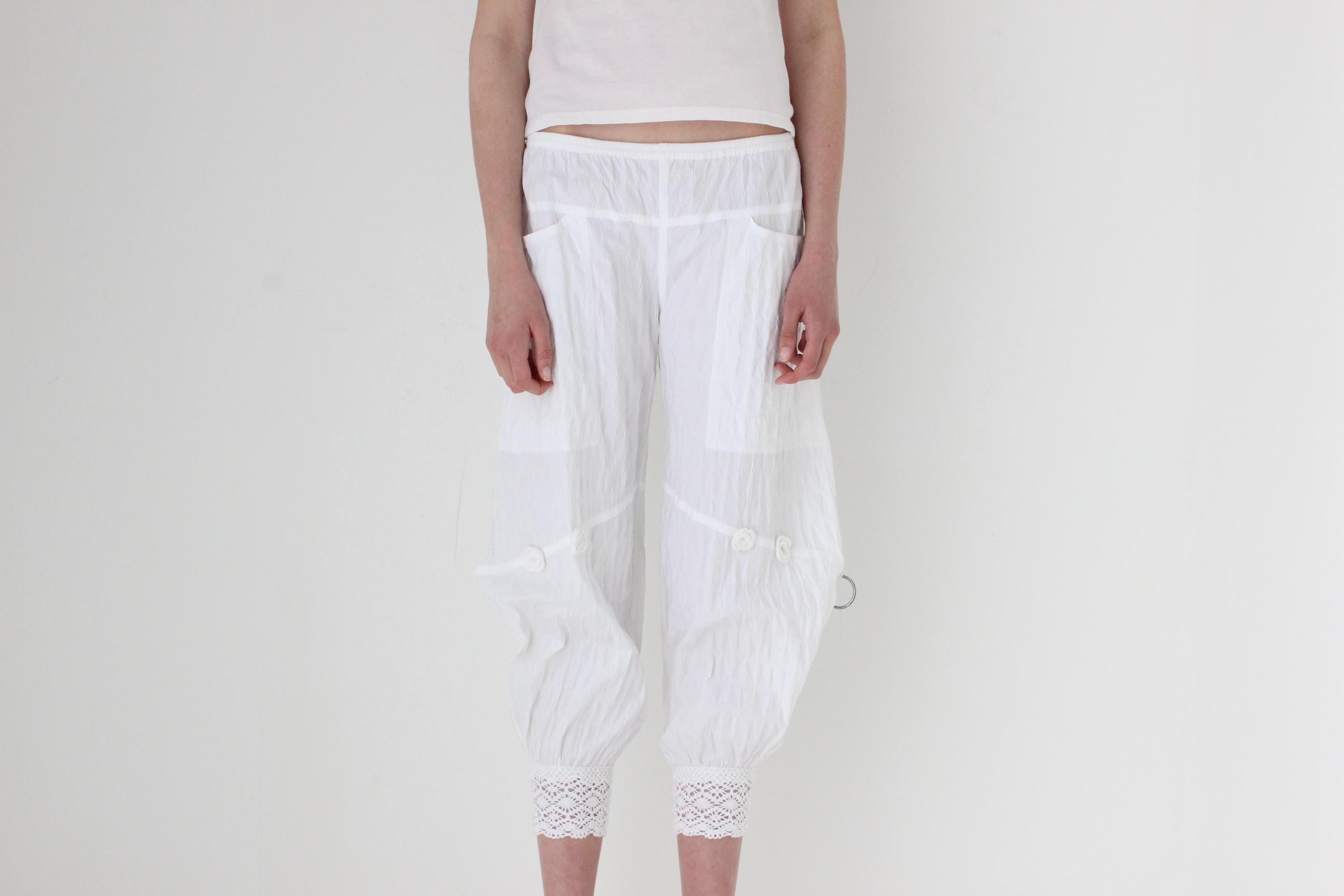 FRENCH COLLECTION Y2K Cotton Balloon Leg Pants w/ Macrame Trim & 3D Flowers