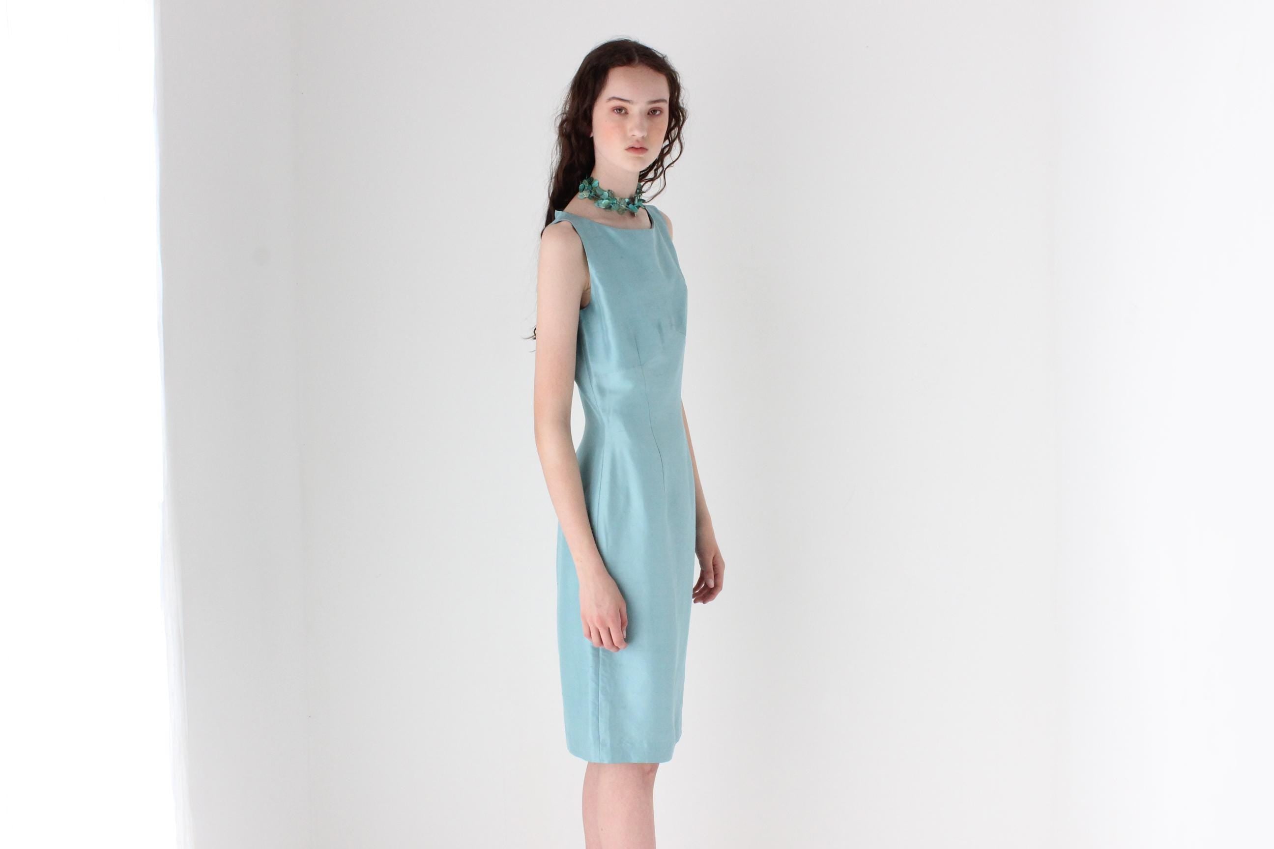 FRENCH COLLECTION 90s Bateau Neck Silk Dress in Duck Egg Blue