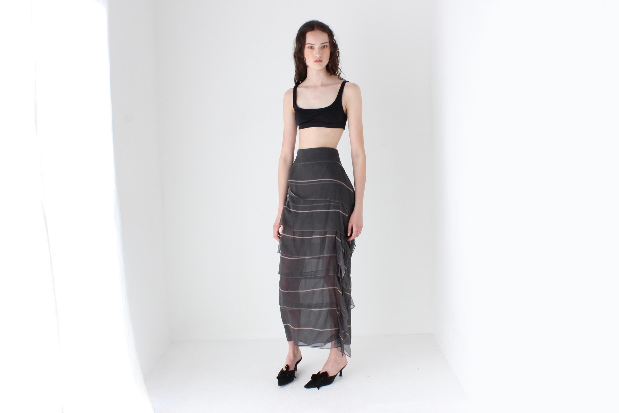 FRENCH COLLECTION 2000s Luxury Designer Brunello Cucinelli Tiered Silk Maxi Skirt w/ Asymmetric Ruffle