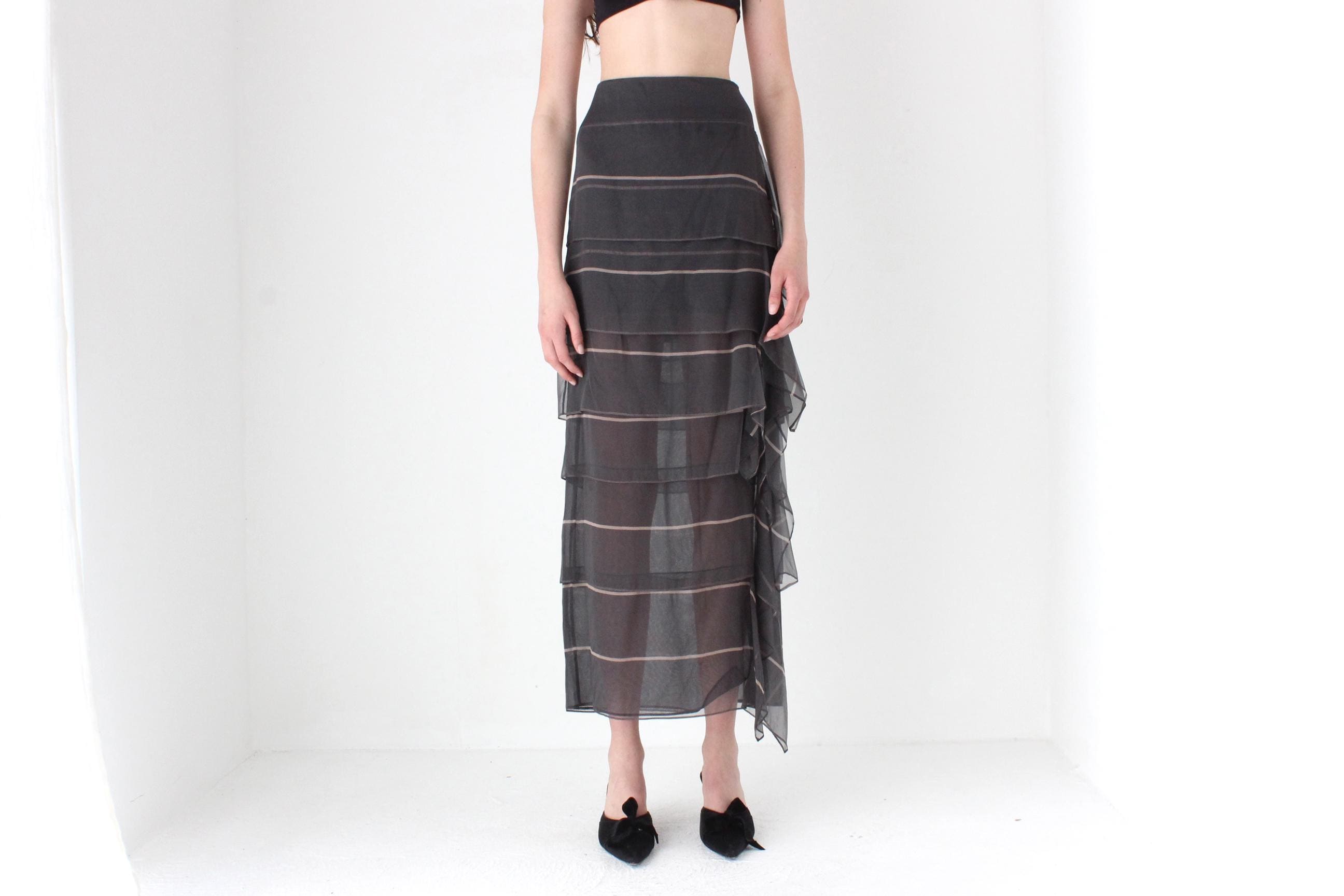 FRENCH COLLECTION 2000s Luxury Designer Brunello Cucinelli Tiered Silk Maxi Skirt w/ Asymmetric Ruffle