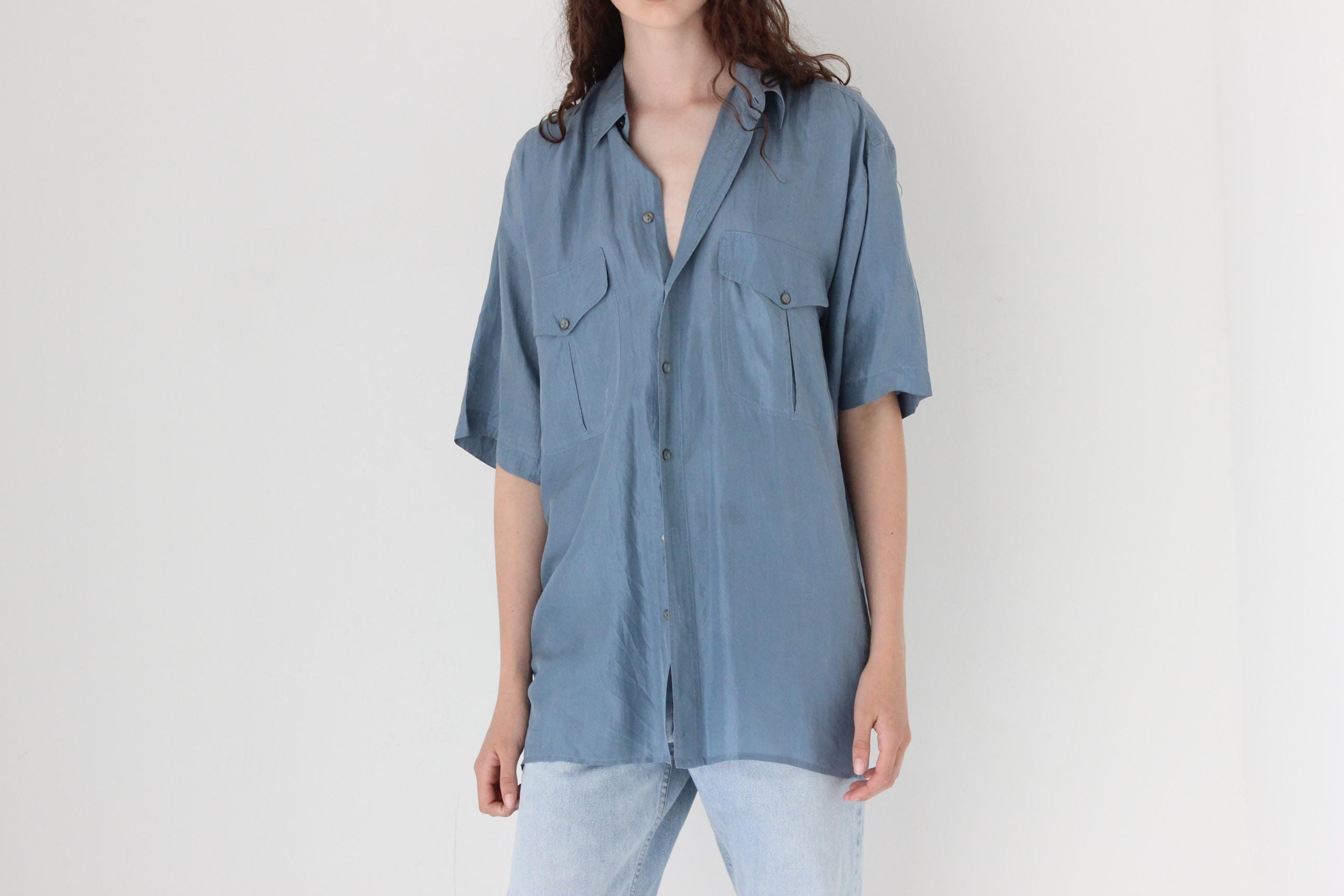FRENCH COLLECTION 80s Pure Silk Boxy Blue Shirt