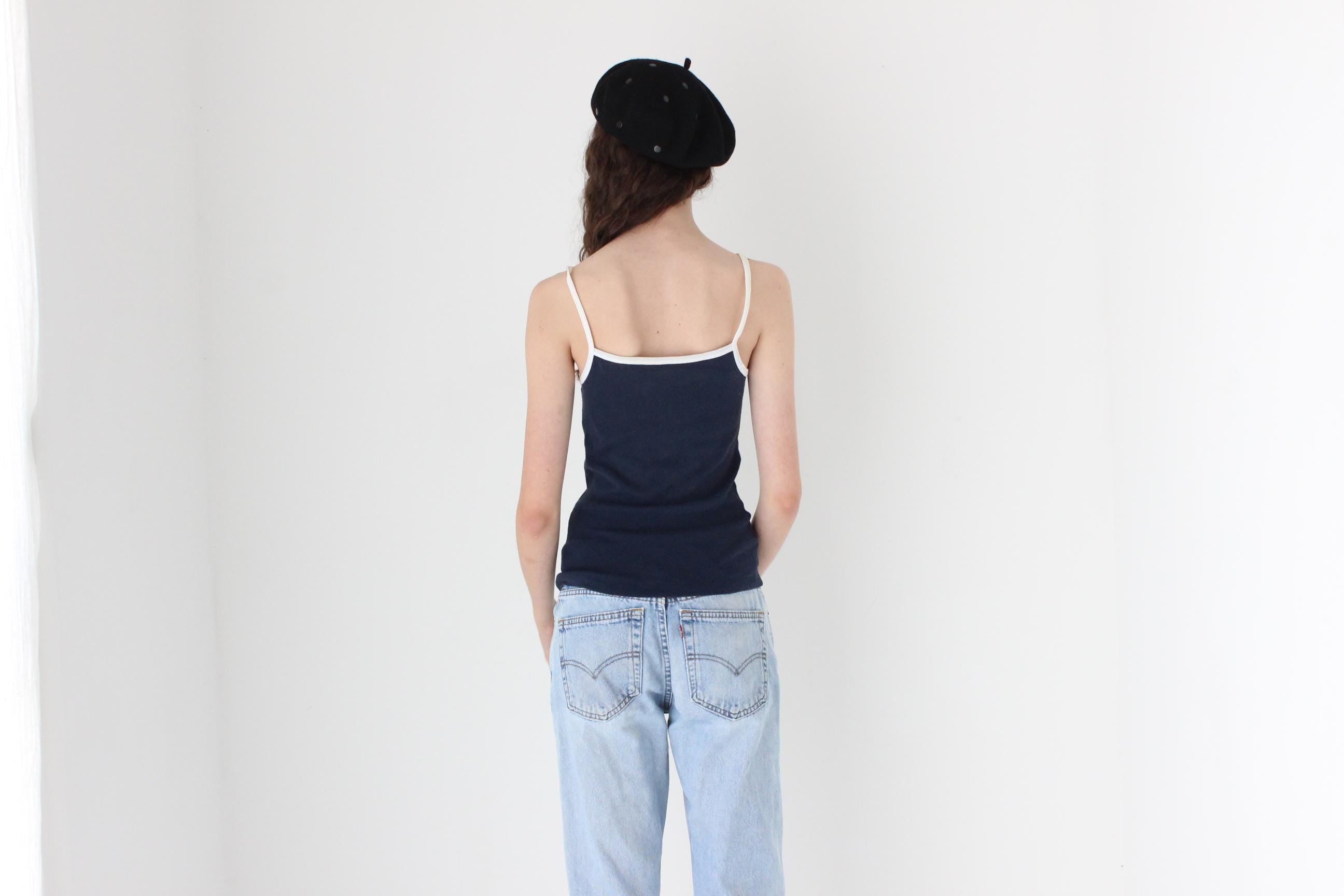 FRENCH COLLECTION Adorable 70s Cotton Tank w/ Cross-Stitch Motif