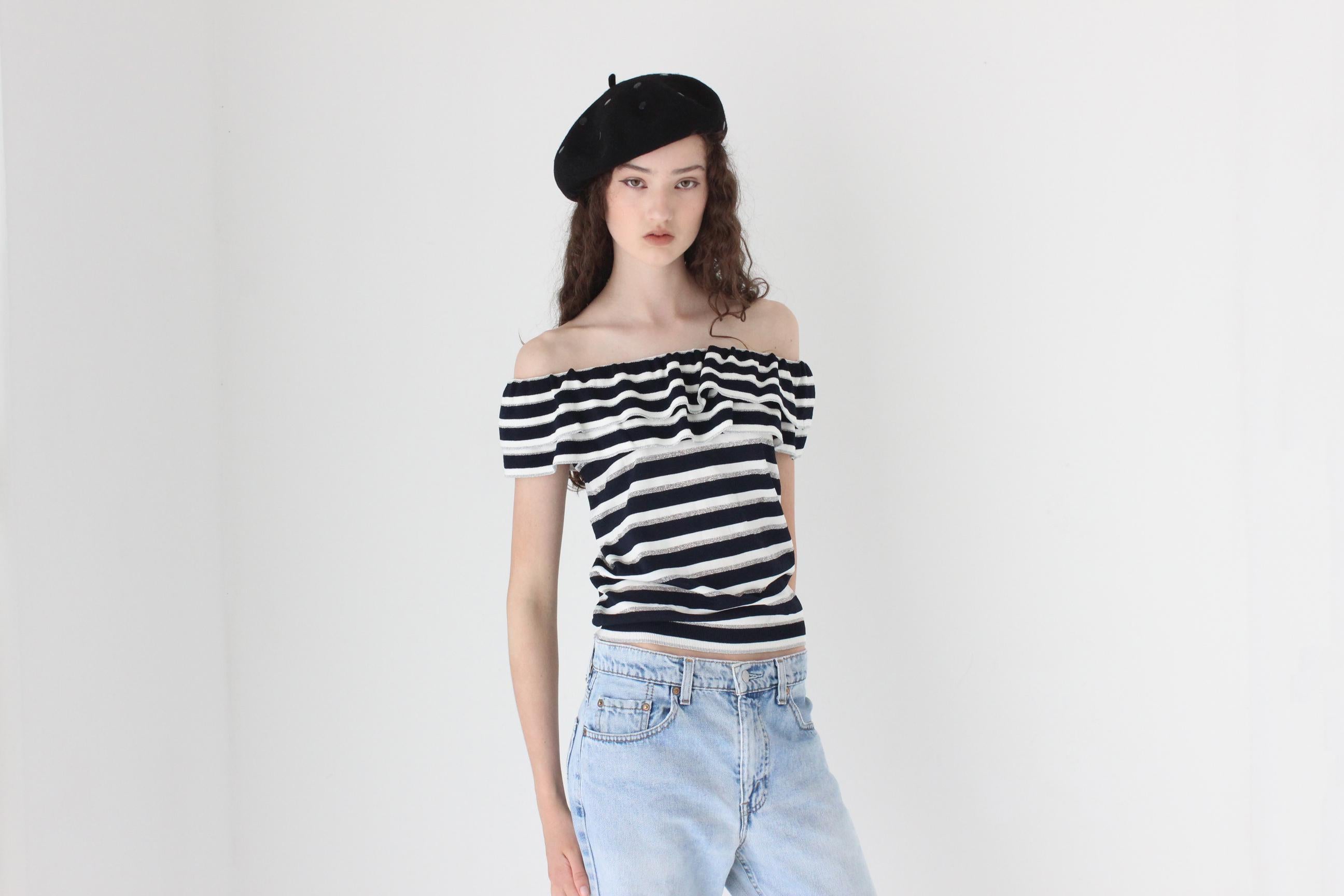 FRENCH COLLECTION Y2K Striped Knit Off Shoulder Top