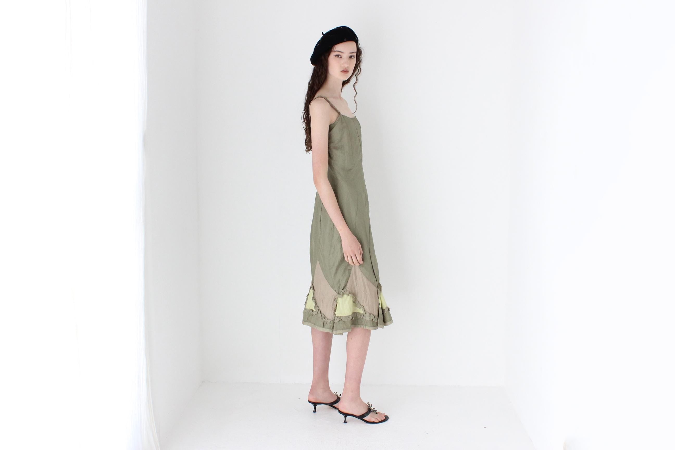 FRENCH COLLECTION 90s Olive Parachute Slip Dress w/ Silk Ruffles