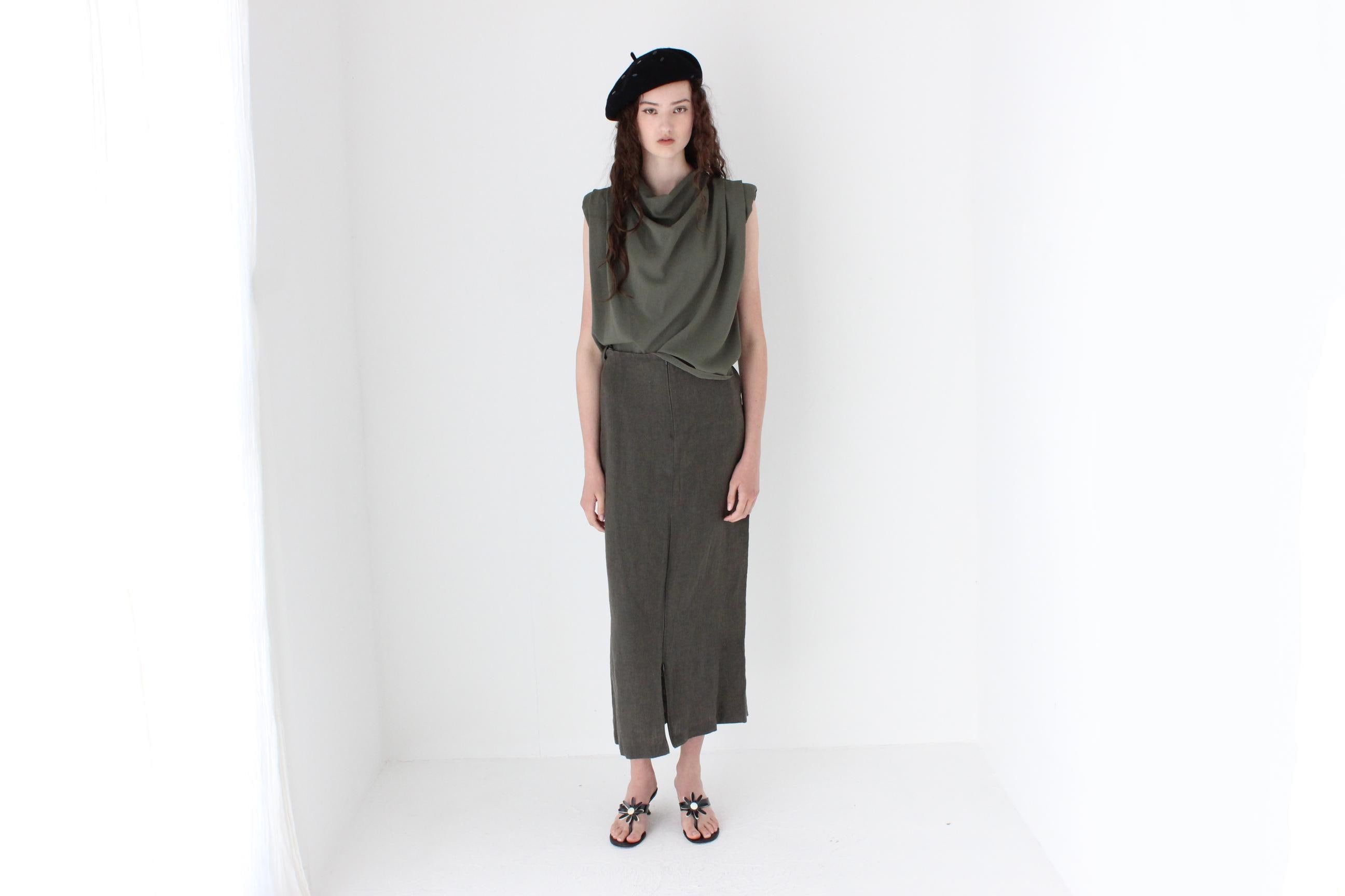 FRENCH COLLECTION 90s Khaki Linen Skirt w/ Convertible Zip
