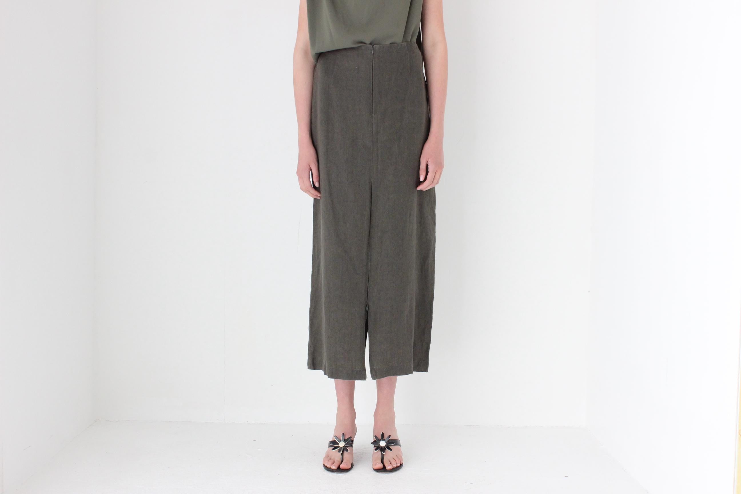 FRENCH COLLECTION 90s Khaki Linen Skirt w/ Convertible Zip