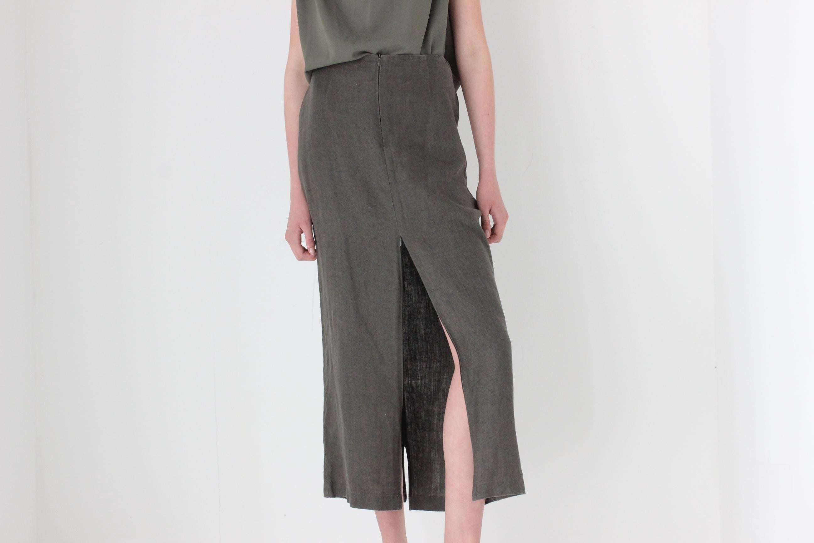 FRENCH COLLECTION 90s Khaki Linen Skirt w/ Convertible Zip