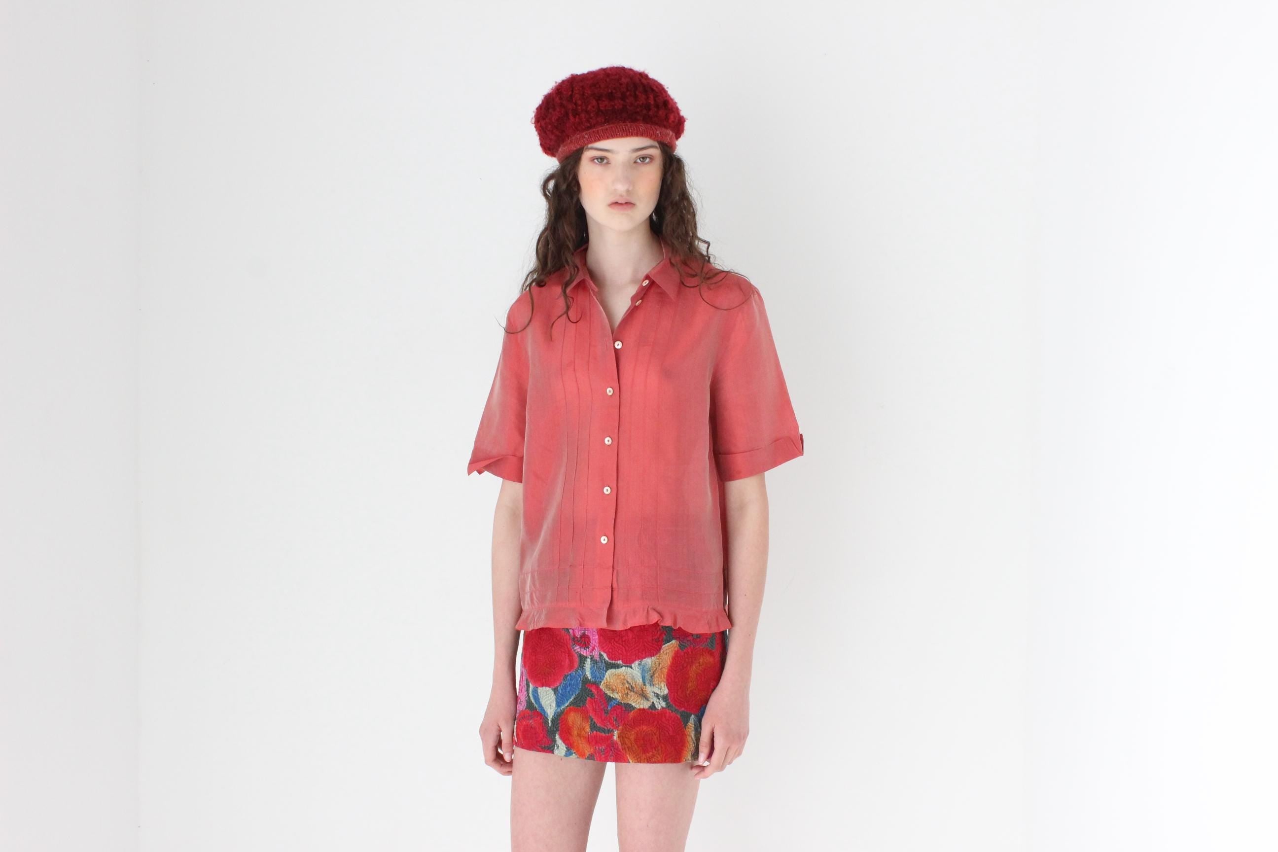 FRENCH COLLECTION 2000s Shimmer Silk Short Sleeve Blouse