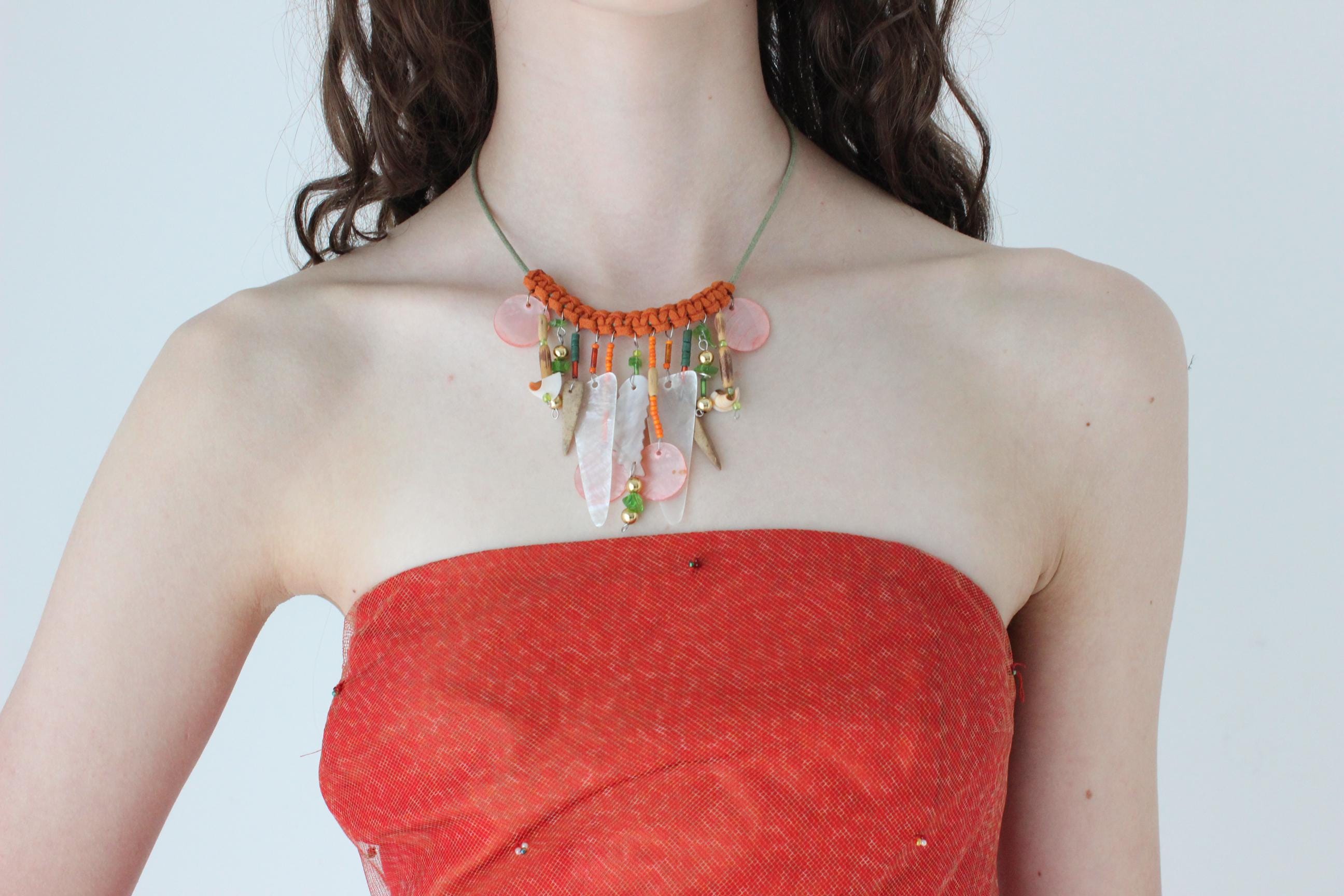 FRENCH COLLECTION 90s Handmade Shell & Bead Suede Woven Choker / Necklace