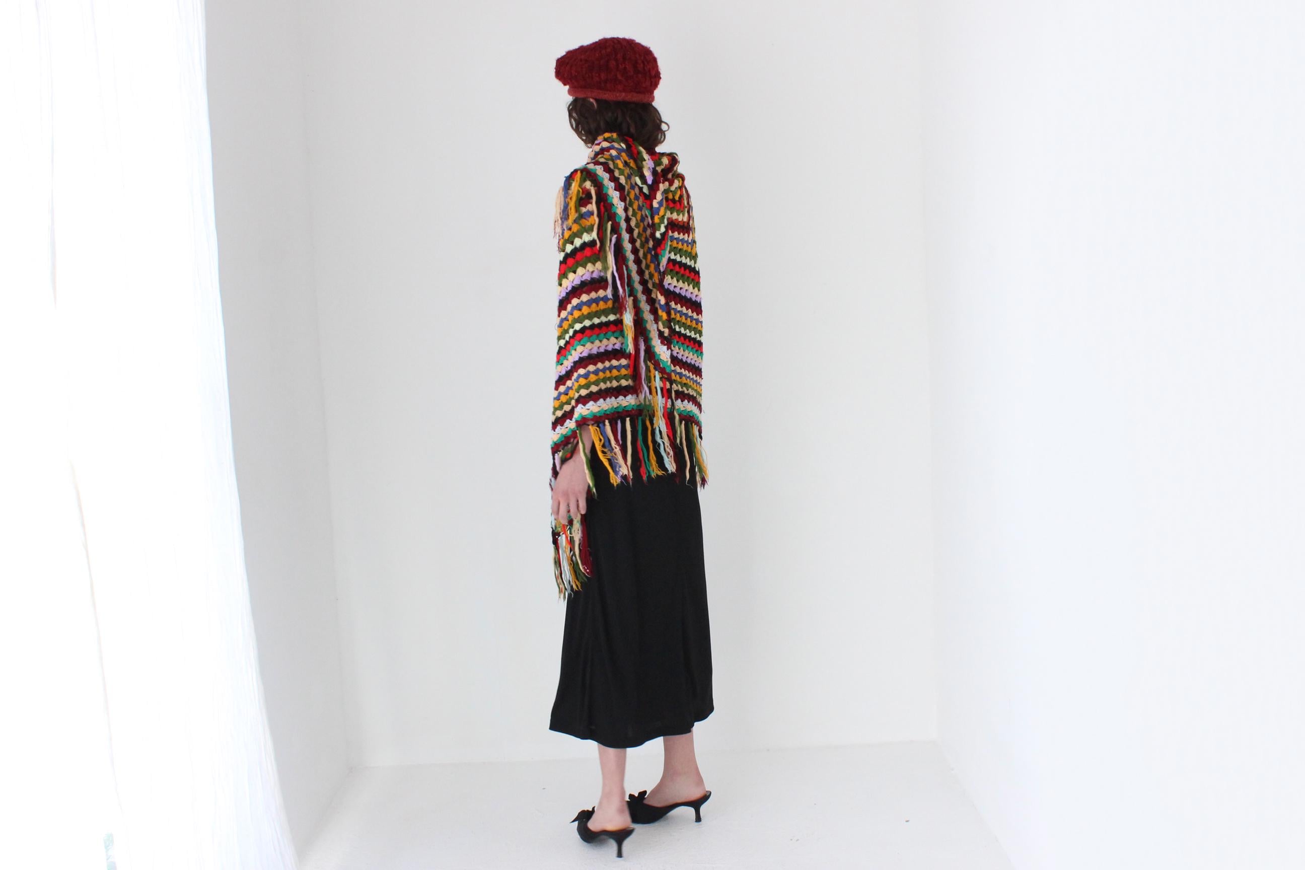 FRENCH COLLECTION 70s Handmade Rainbow Knit Crochet Shawl