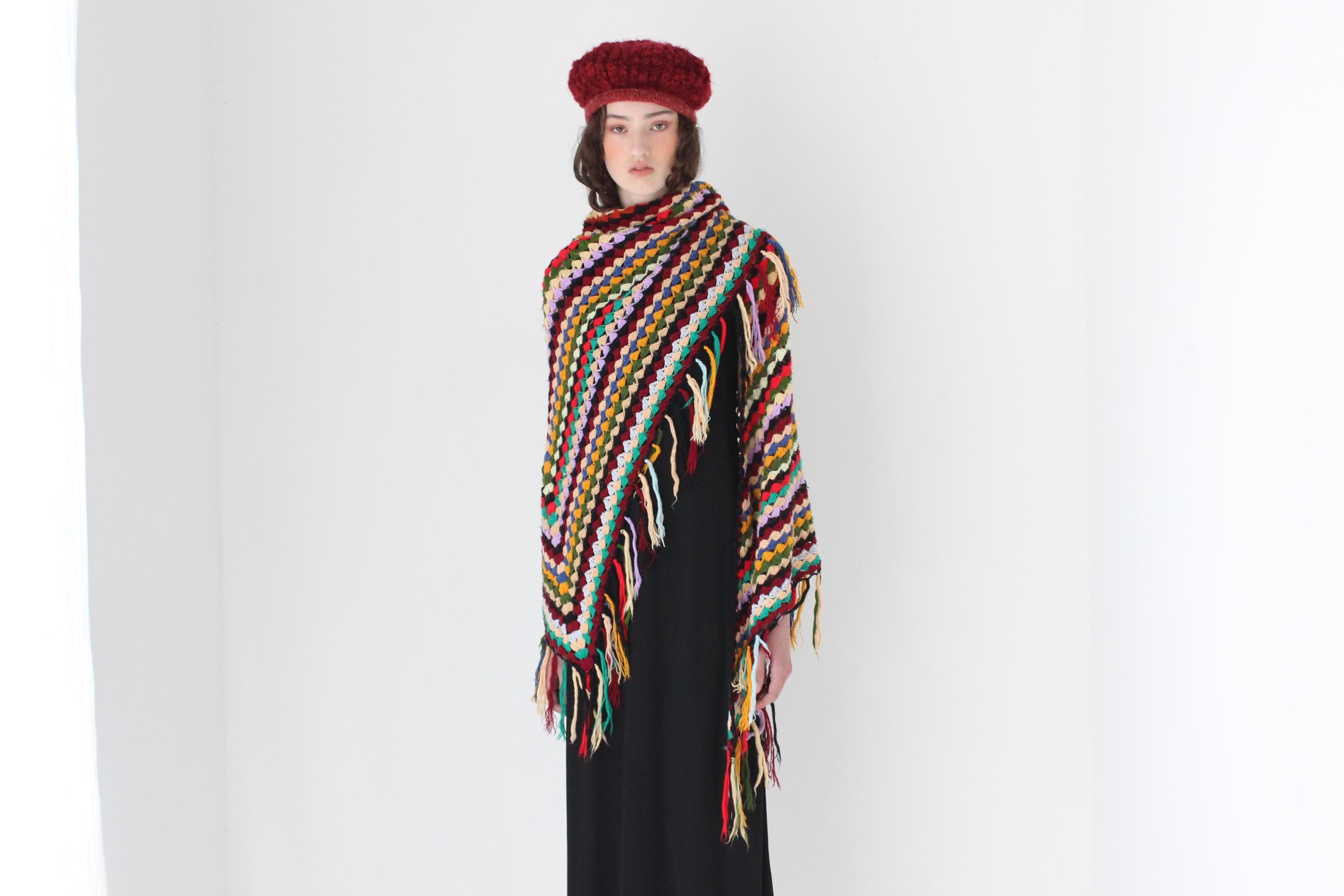 FRENCH COLLECTION 70s Handmade Rainbow Knit Crochet Shawl