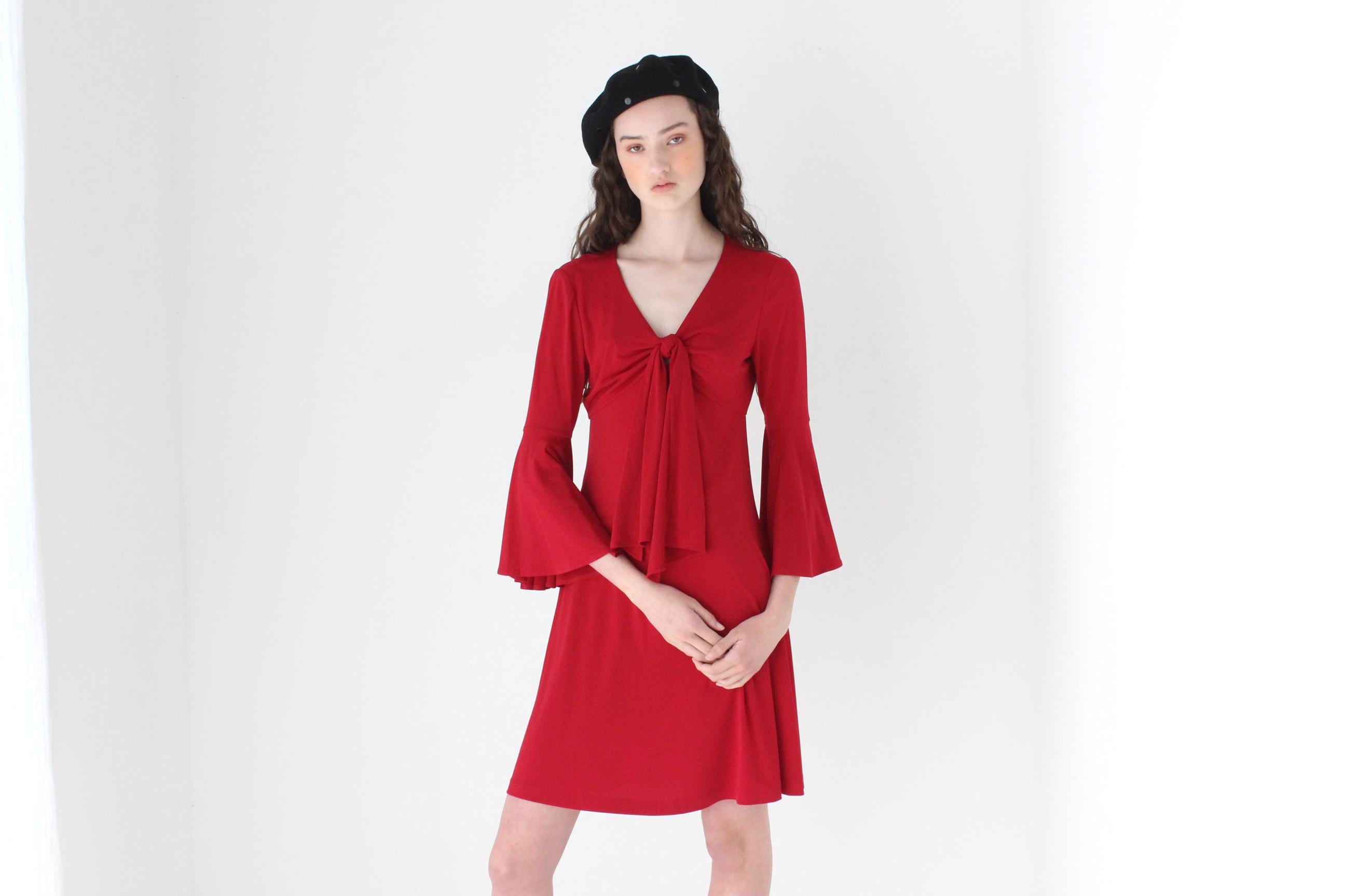 FRENCH COLLECTION 80s Vicky Tiel Tie Front Flare Sleeve Dress