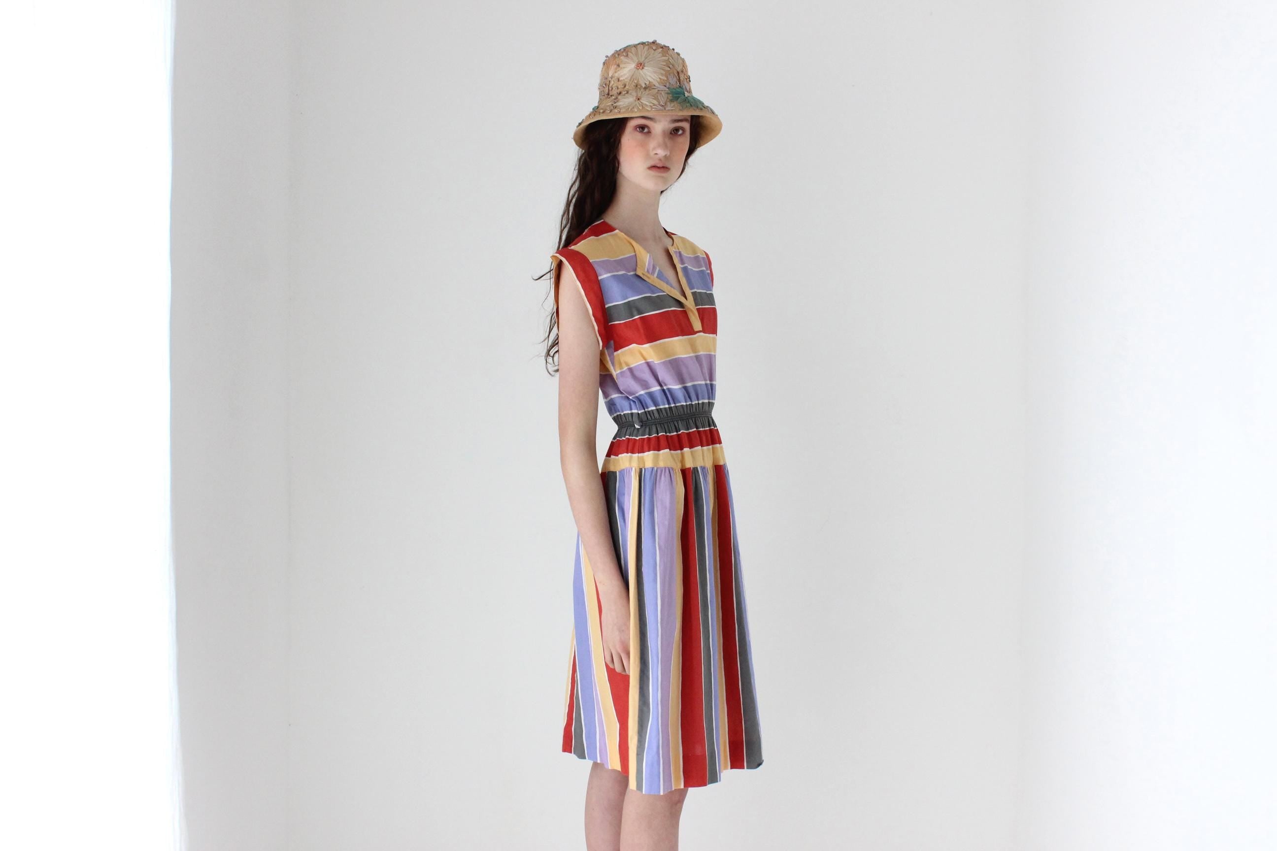 FRENCH COLLECTION 80s French Designer Rainbow Striped Sun Dress
