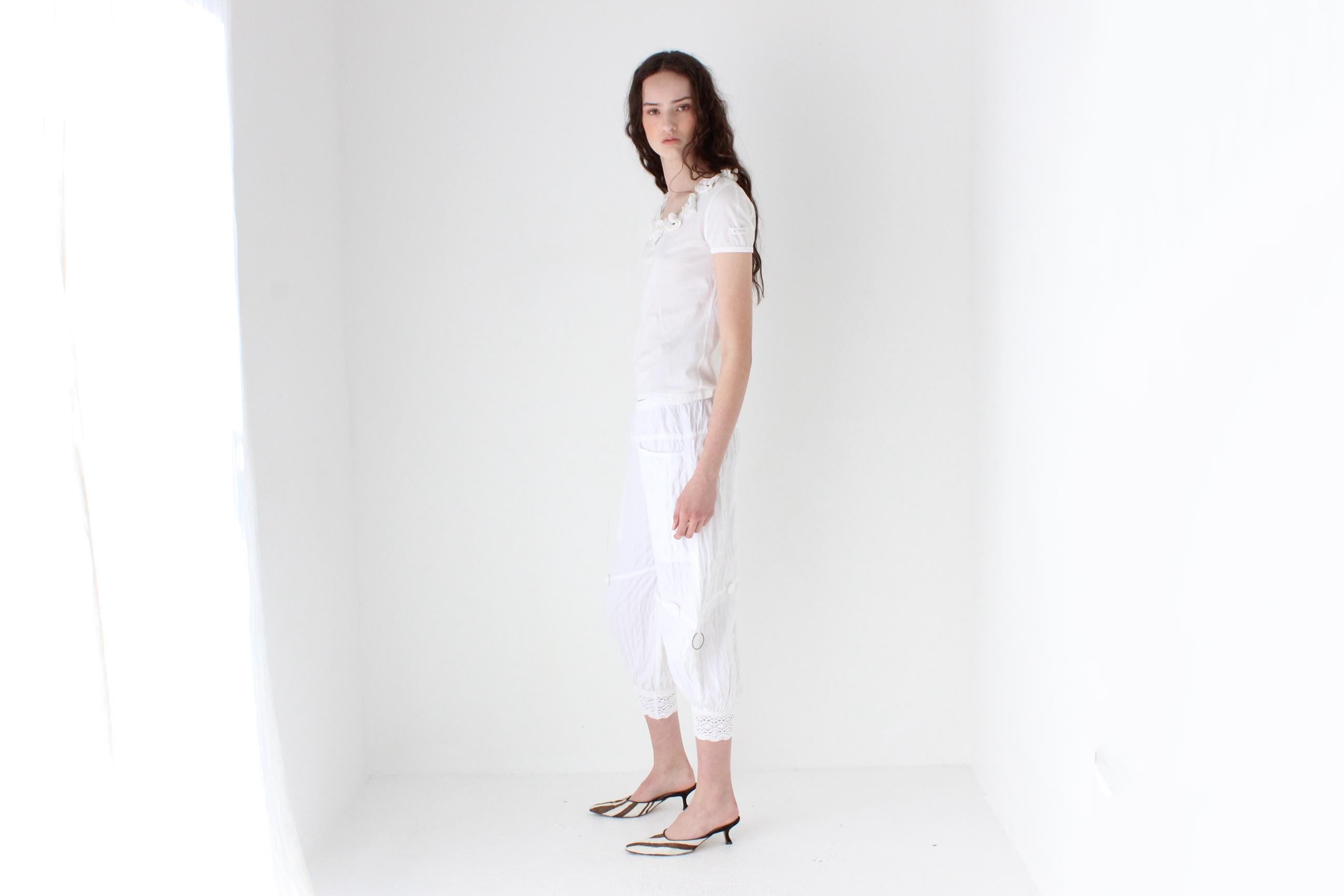 FRENCH COLLECTION Y2K Cotton Balloon Leg Pants w/ Macrame Trim & 3D Flowers