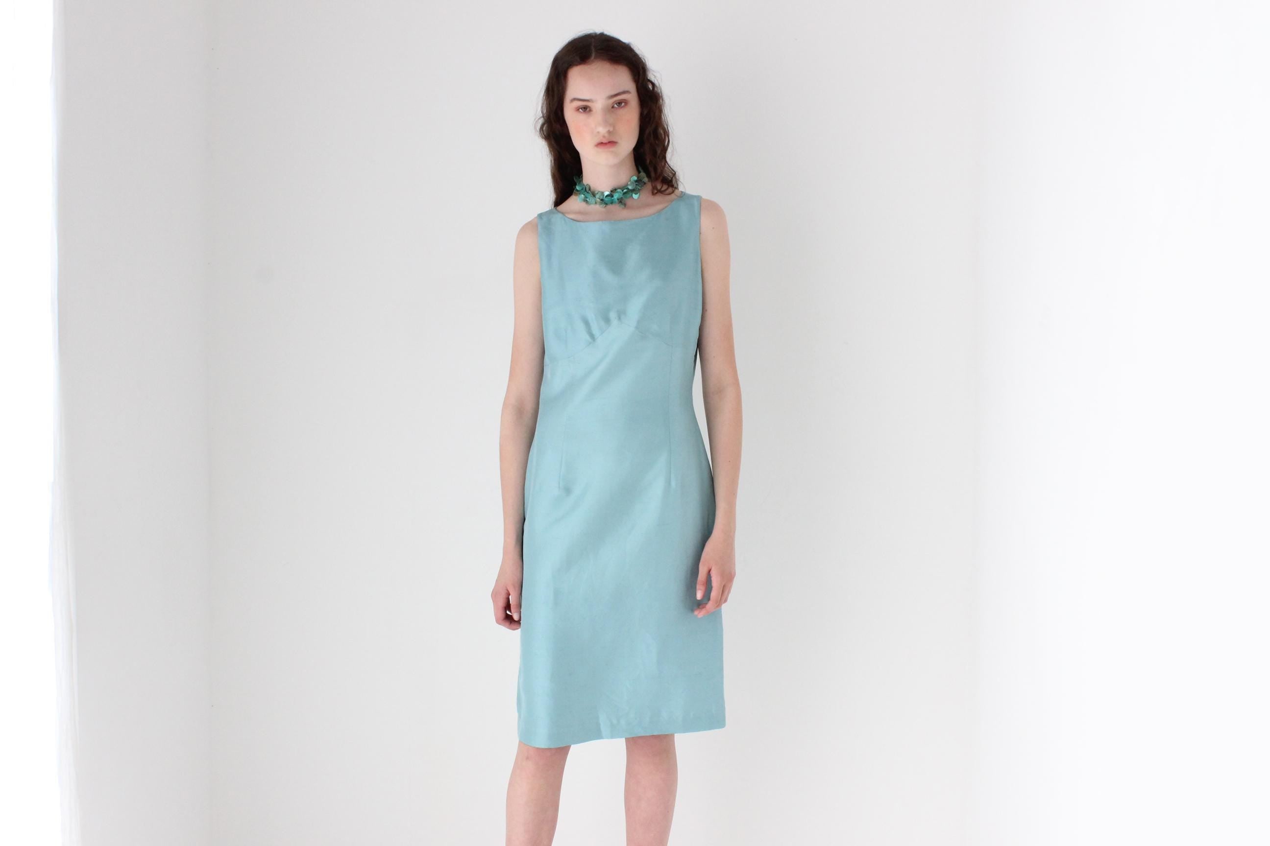 FRENCH COLLECTION 90s Bateau Neck Silk Dress in Duck Egg Blue