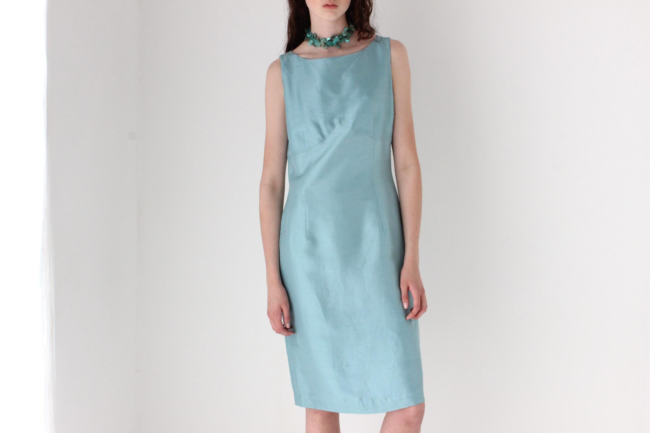 FRENCH COLLECTION 90s Bateau Neck Silk Dress in Duck Egg Blue