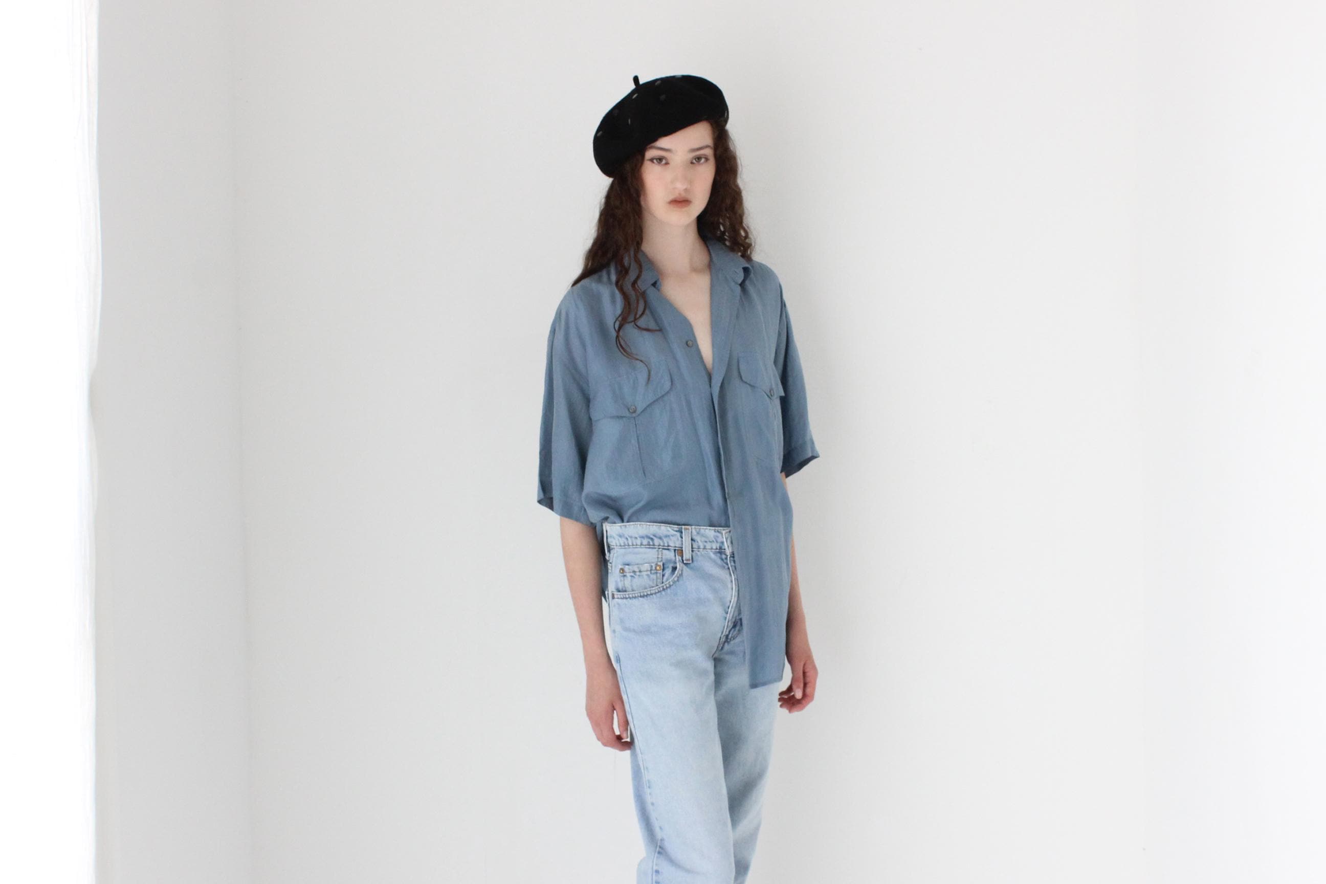 FRENCH COLLECTION 80s Pure Silk Boxy Blue Shirt