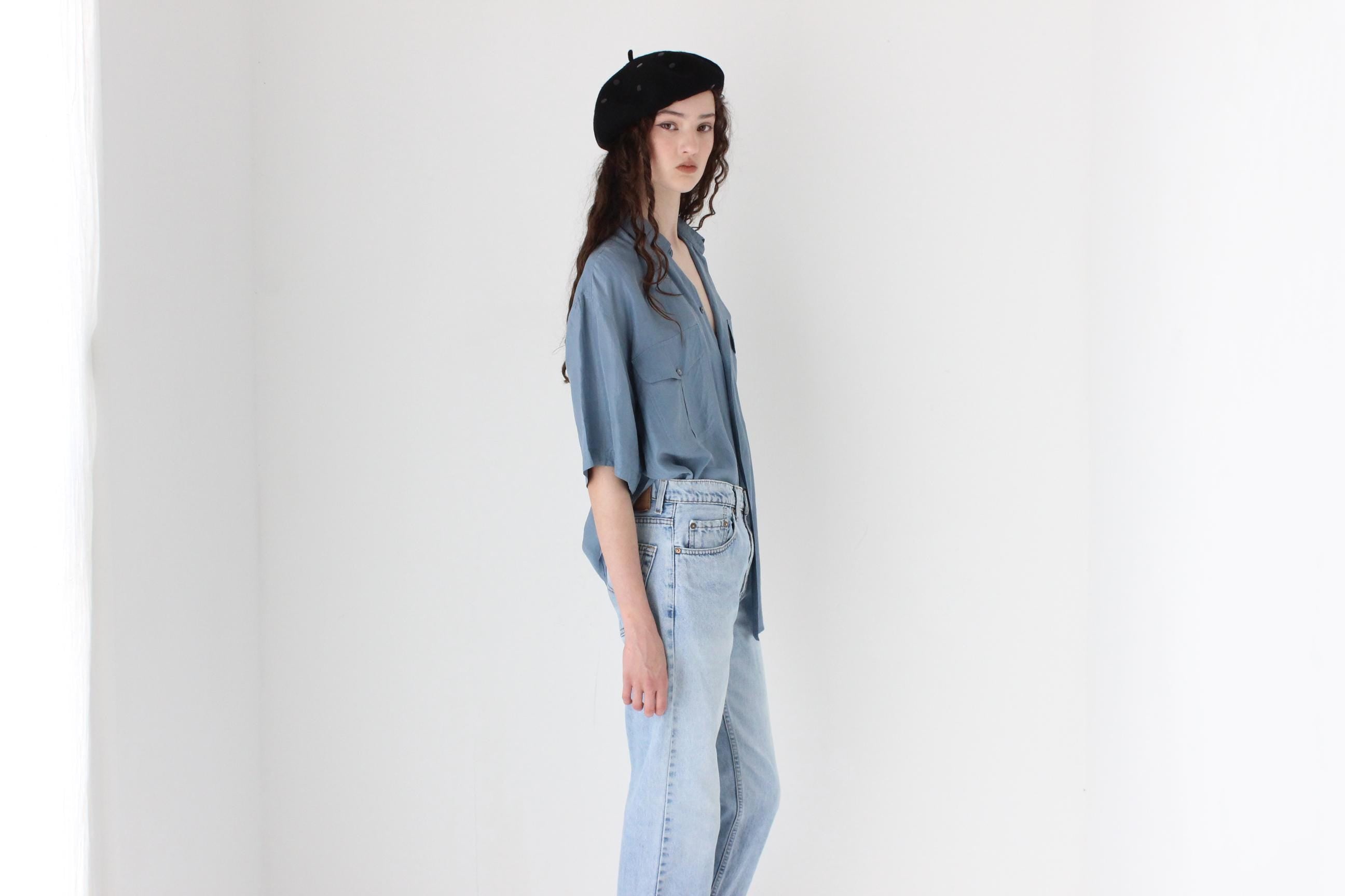 FRENCH COLLECTION 80s Pure Silk Boxy Blue Shirt