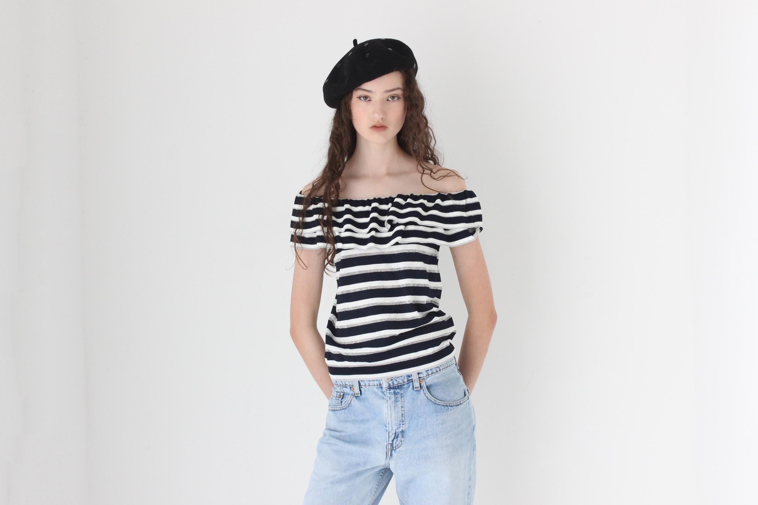 FRENCH COLLECTION Y2K Striped Knit Off Shoulder Top