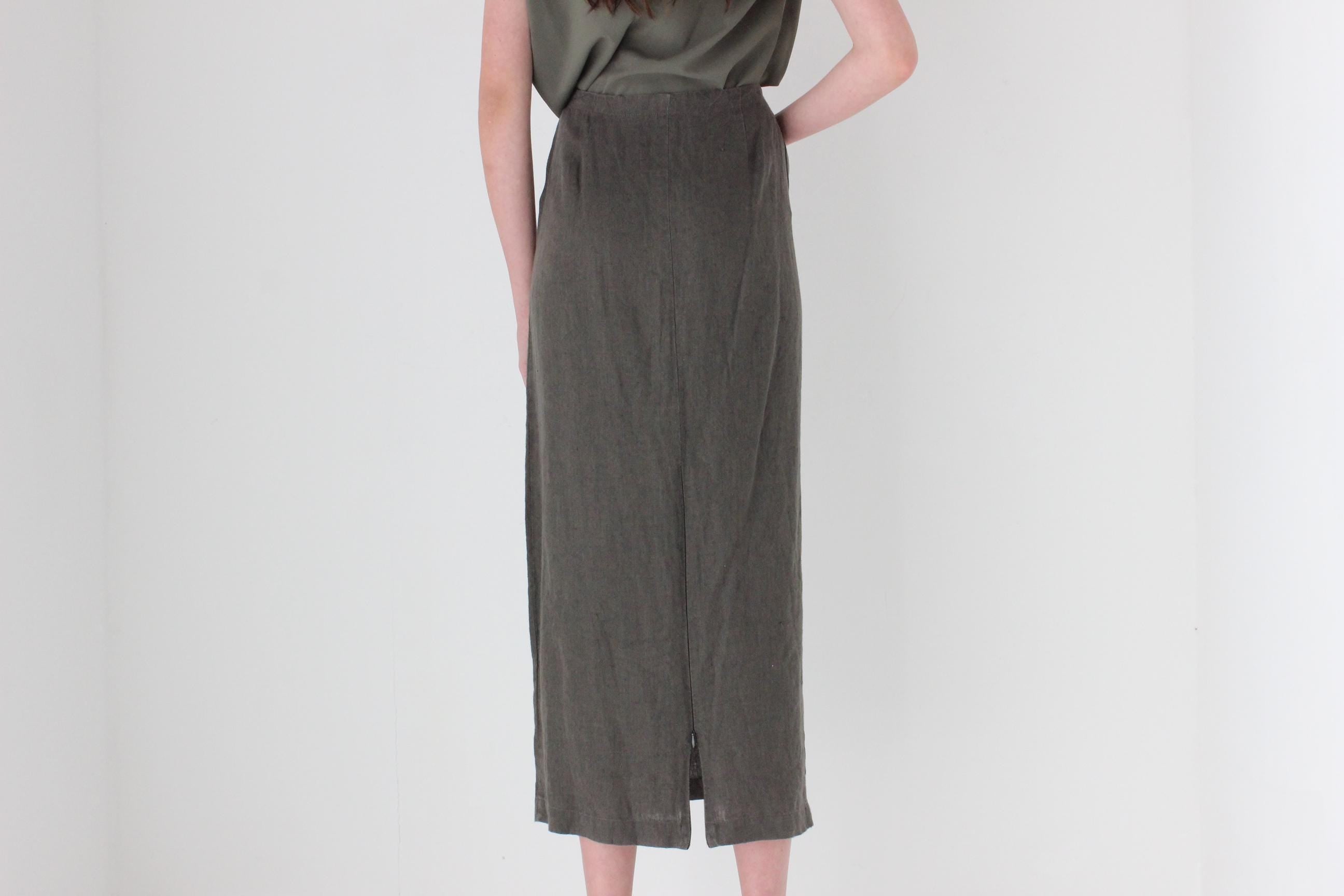 FRENCH COLLECTION 90s Khaki Linen Skirt w/ Convertible Zip