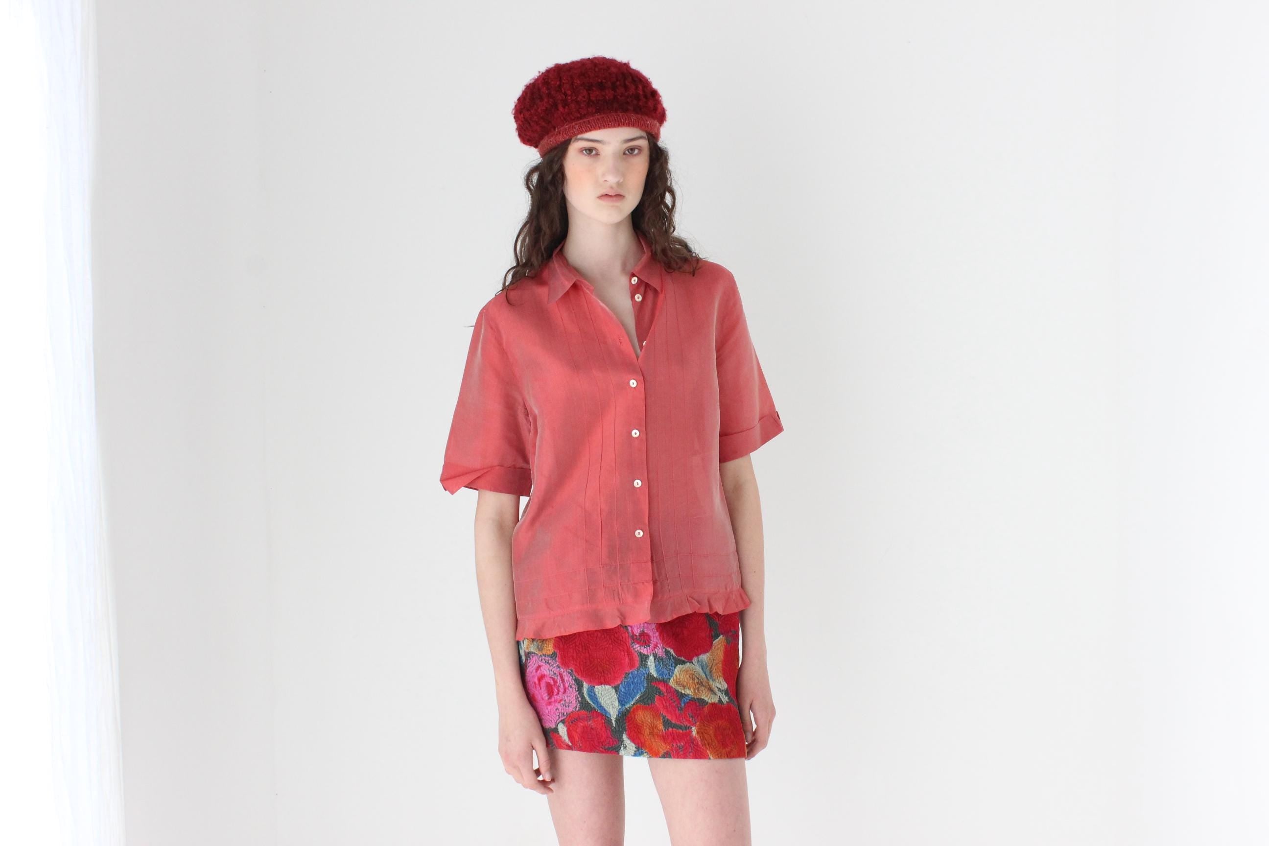 FRENCH COLLECTION 2000s Shimmer Silk Short Sleeve Blouse