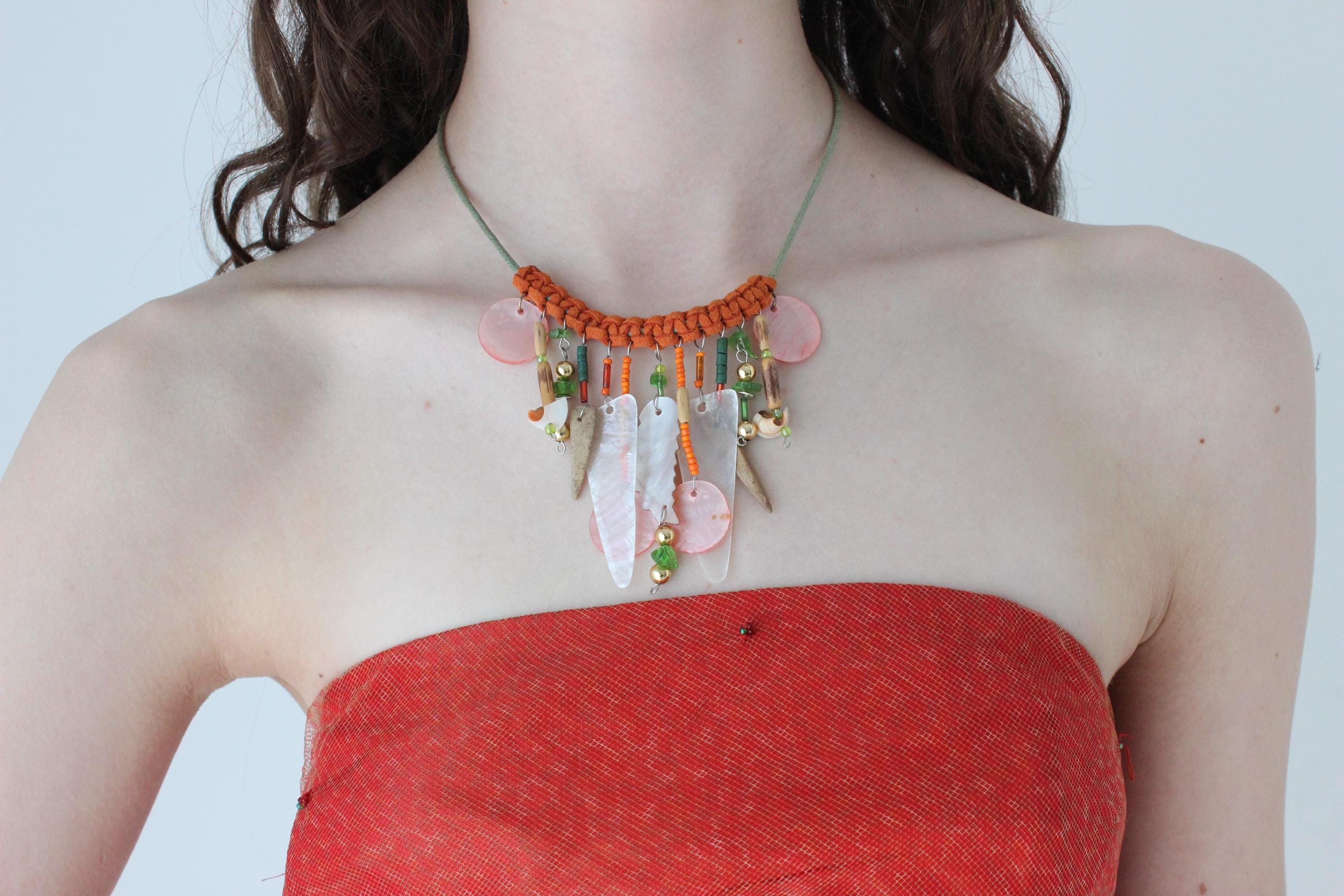 FRENCH COLLECTION 90s Handmade Shell & Bead Suede Woven Choker / Necklace