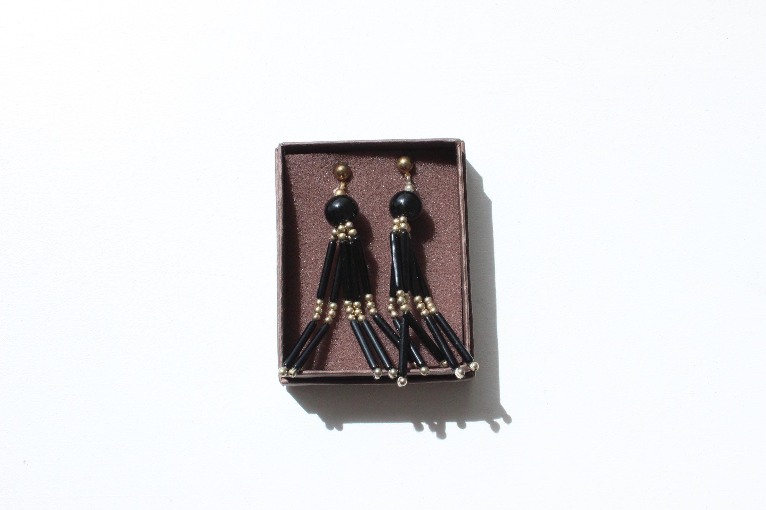 80s Art Deco Beaded Tassel Earrings