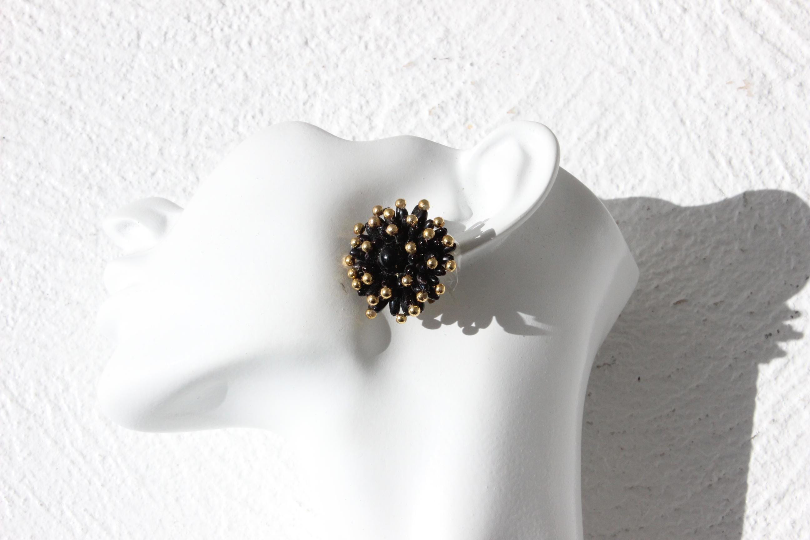 80s Art Deco Beaded Flower Clip Ons