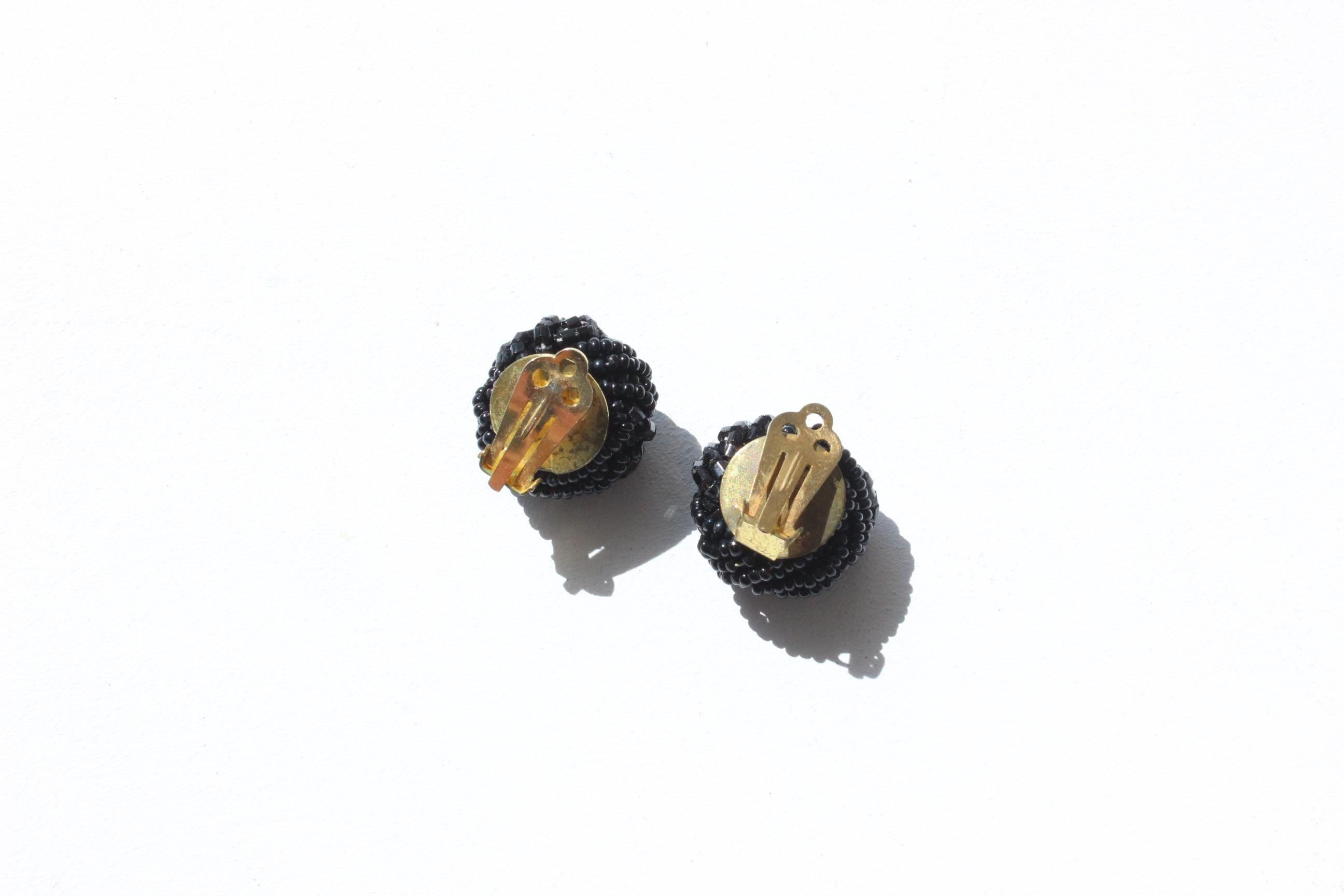 80s Modernist Black Beaded Knot Clip Ons