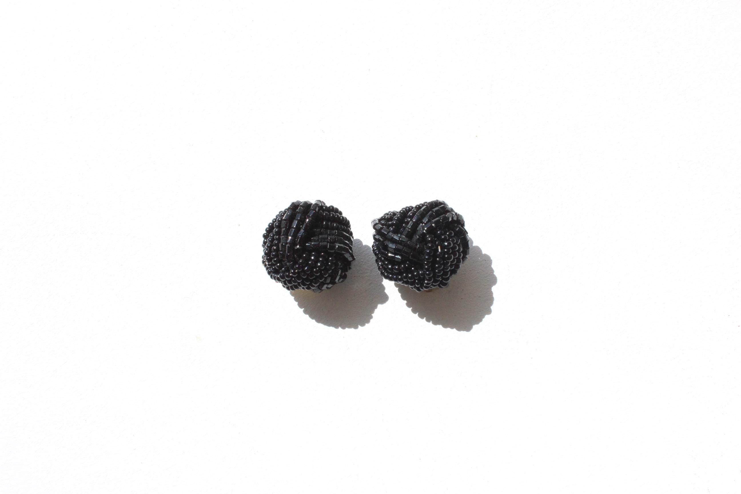 80s Modernist Black Beaded Knot Clip Ons