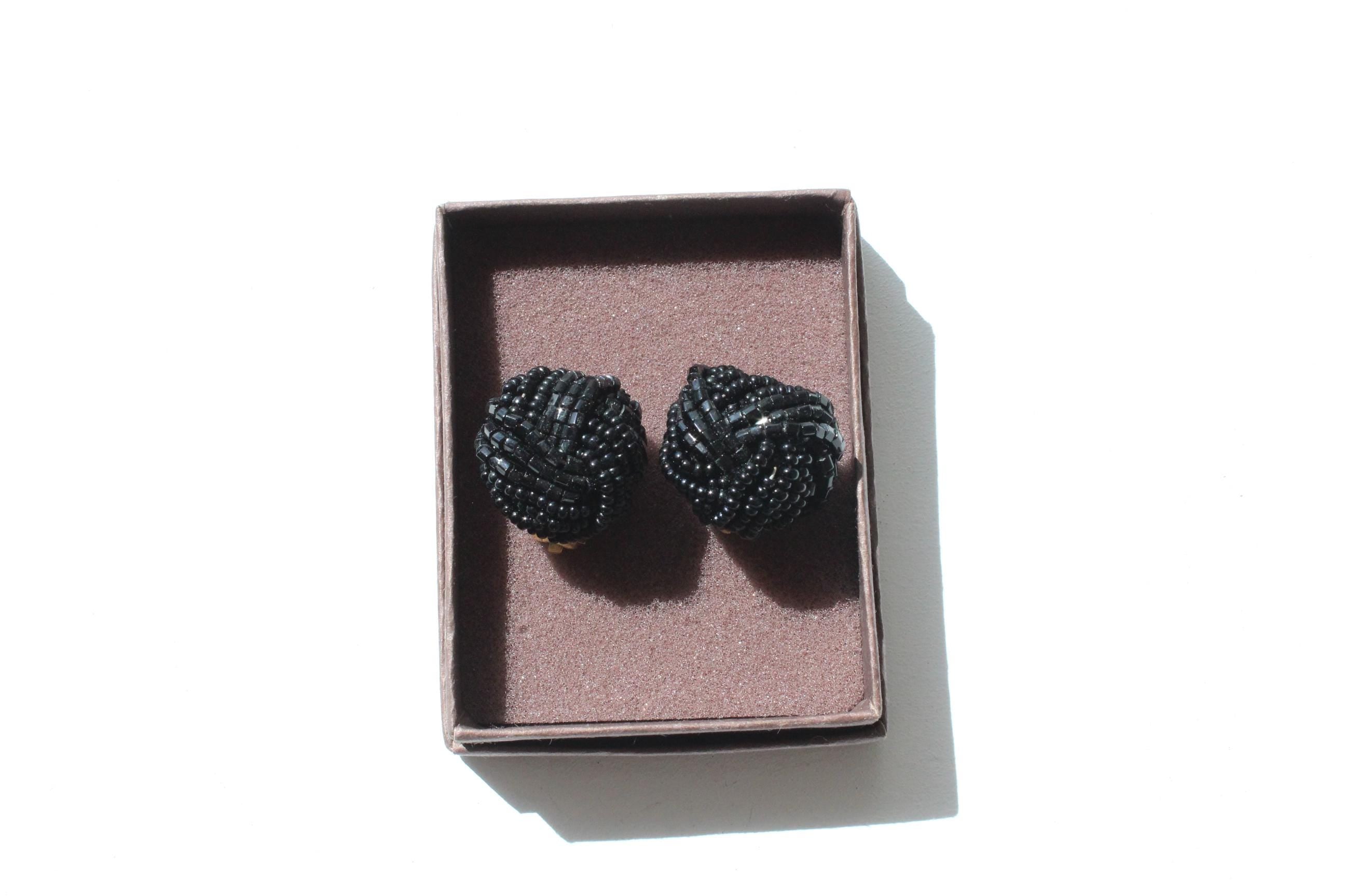 80s Modernist Black Beaded Knot Clip Ons