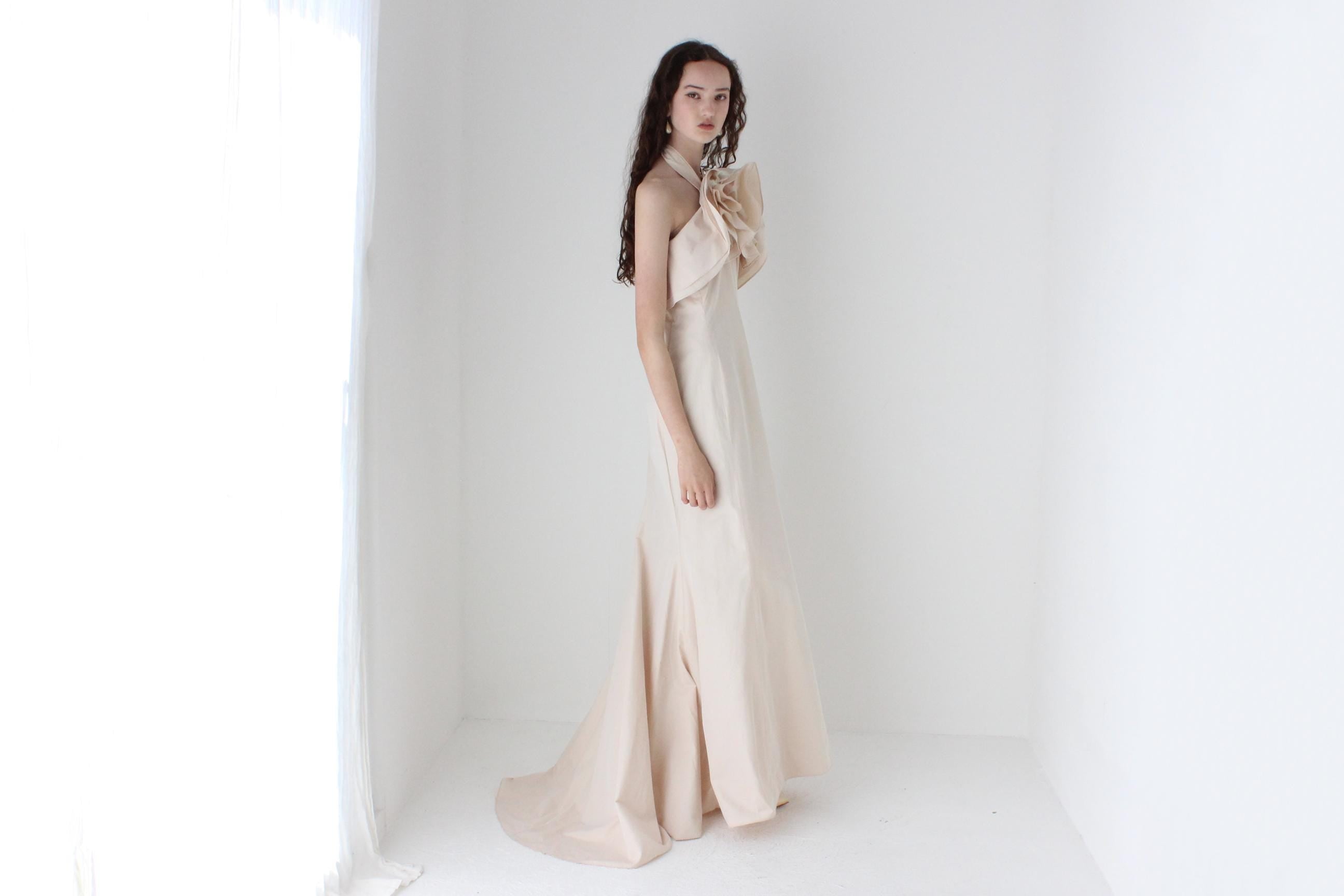 2000s Carla Zampatti Blush Pink Trumpet Hem Gown w/ Big Flower