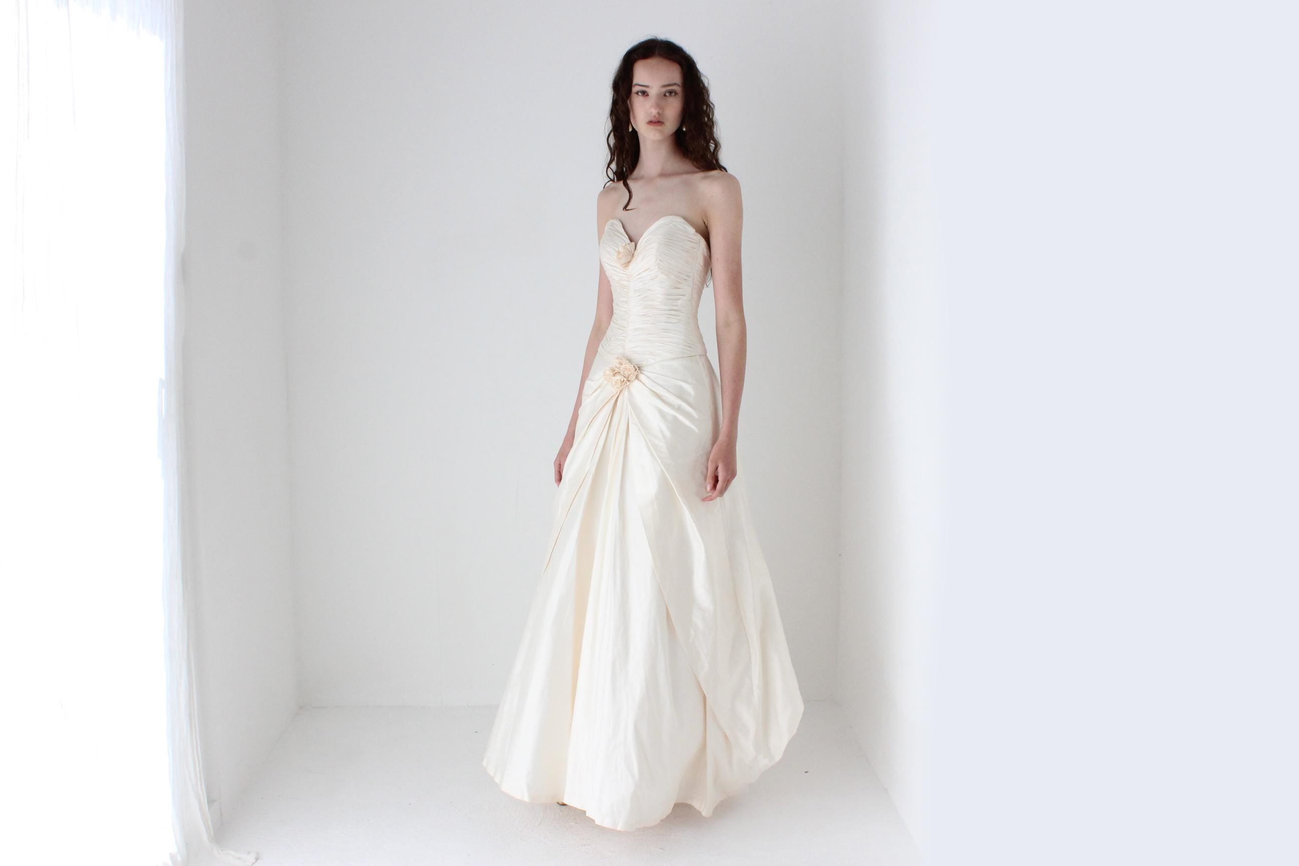 Divine 1990s Raw Silk Strapless Gown w/ Ruching & Rosettes