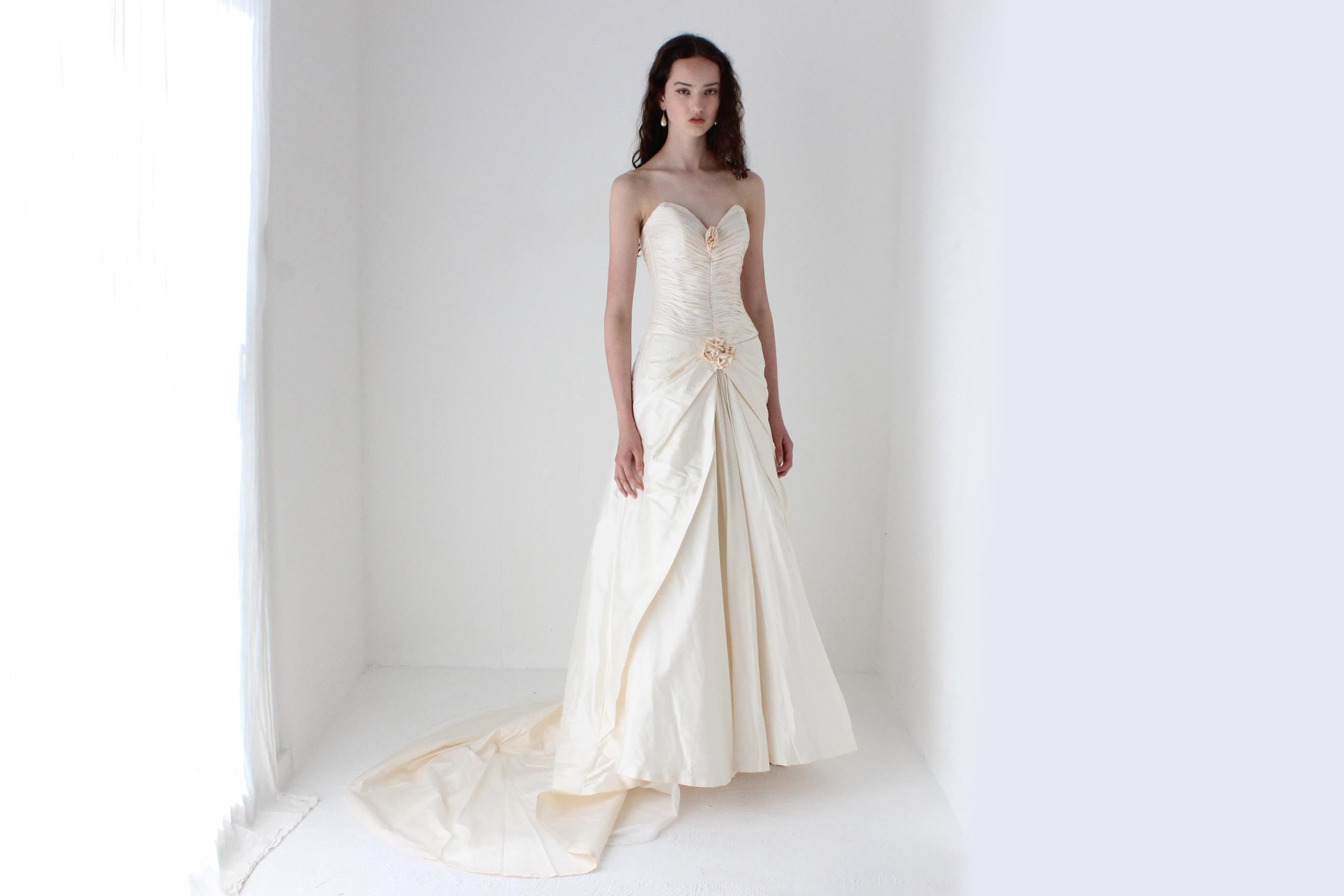 Divine 1990s Raw Silk Strapless Gown w/ Ruching & Rosettes