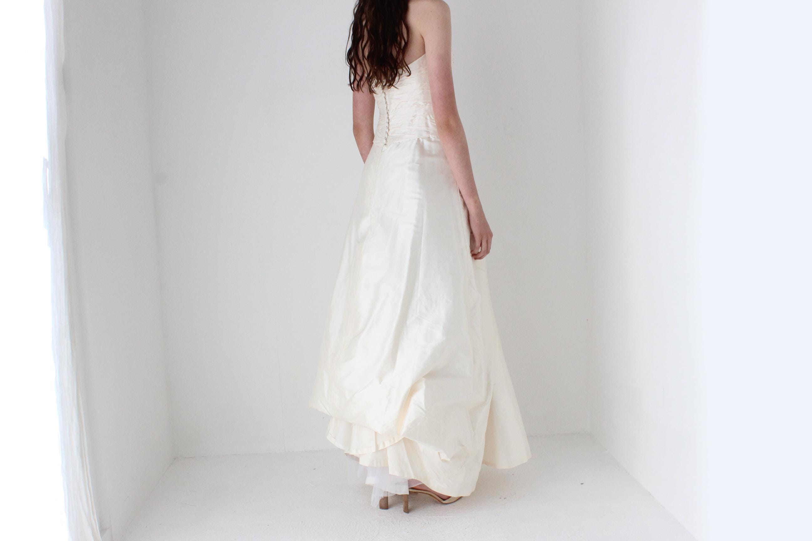 Divine 1990s Raw Silk Strapless Gown w/ Ruching & Rosettes