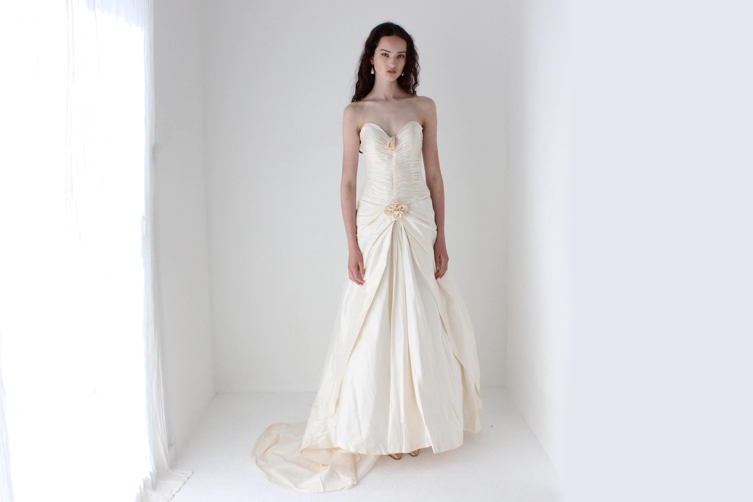 Divine 1990s Raw Silk Strapless Gown w/ Ruching & Rosettes