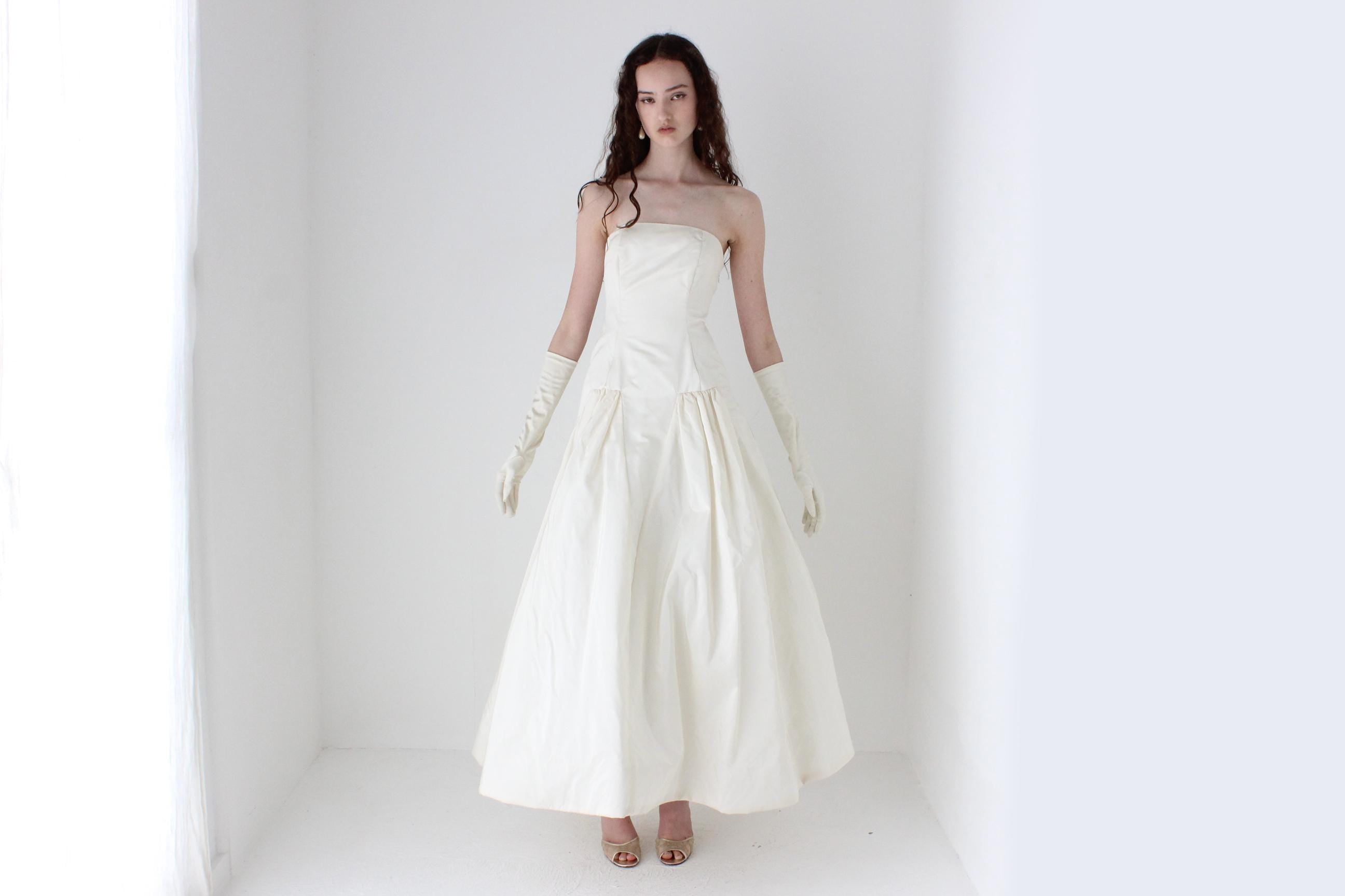 1980s Arnold Scaasi Silk Taffeta Drop Waist Tea Length Puff Gown