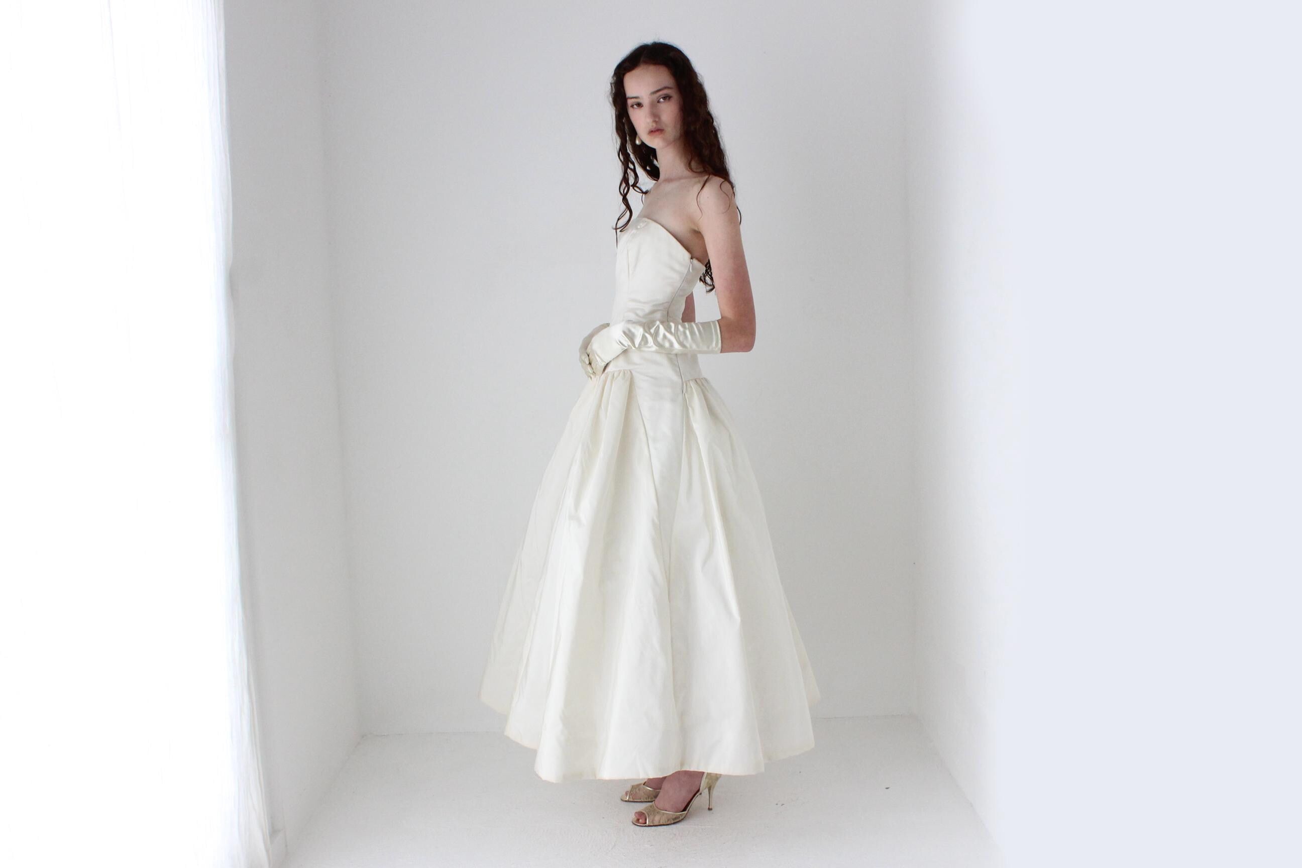 1980s Arnold Scaasi Silk Taffeta Drop Waist Tea Length Puff Gown