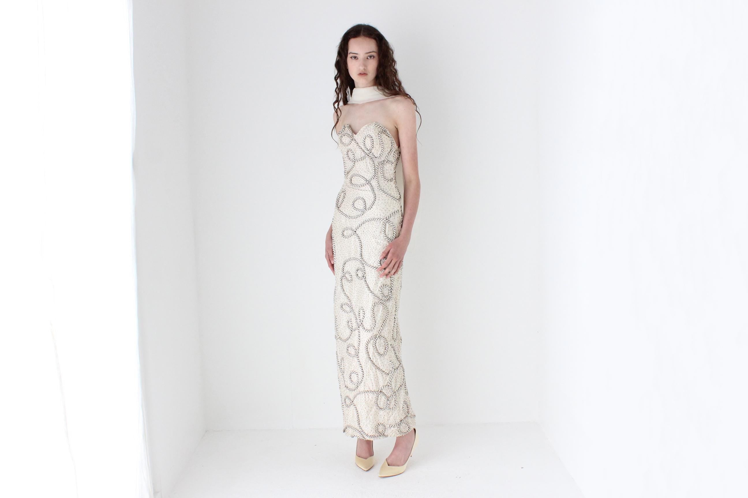 1980s Raw Silk Strapless Hourglass Gown w/ Ropes & Beading