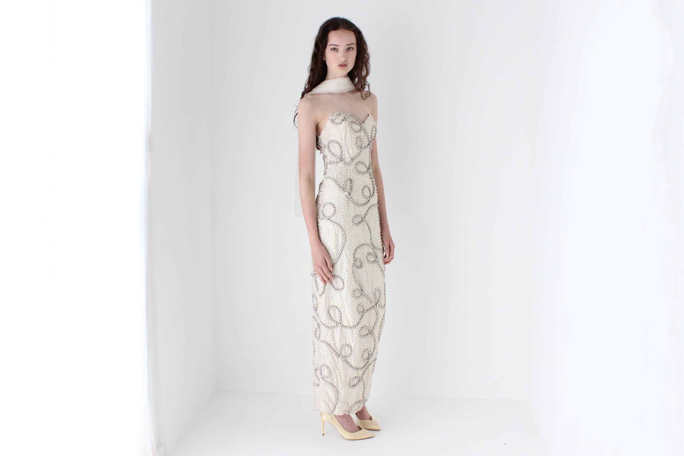 1980s Raw Silk Strapless Hourglass Gown w/ Ropes & Beading