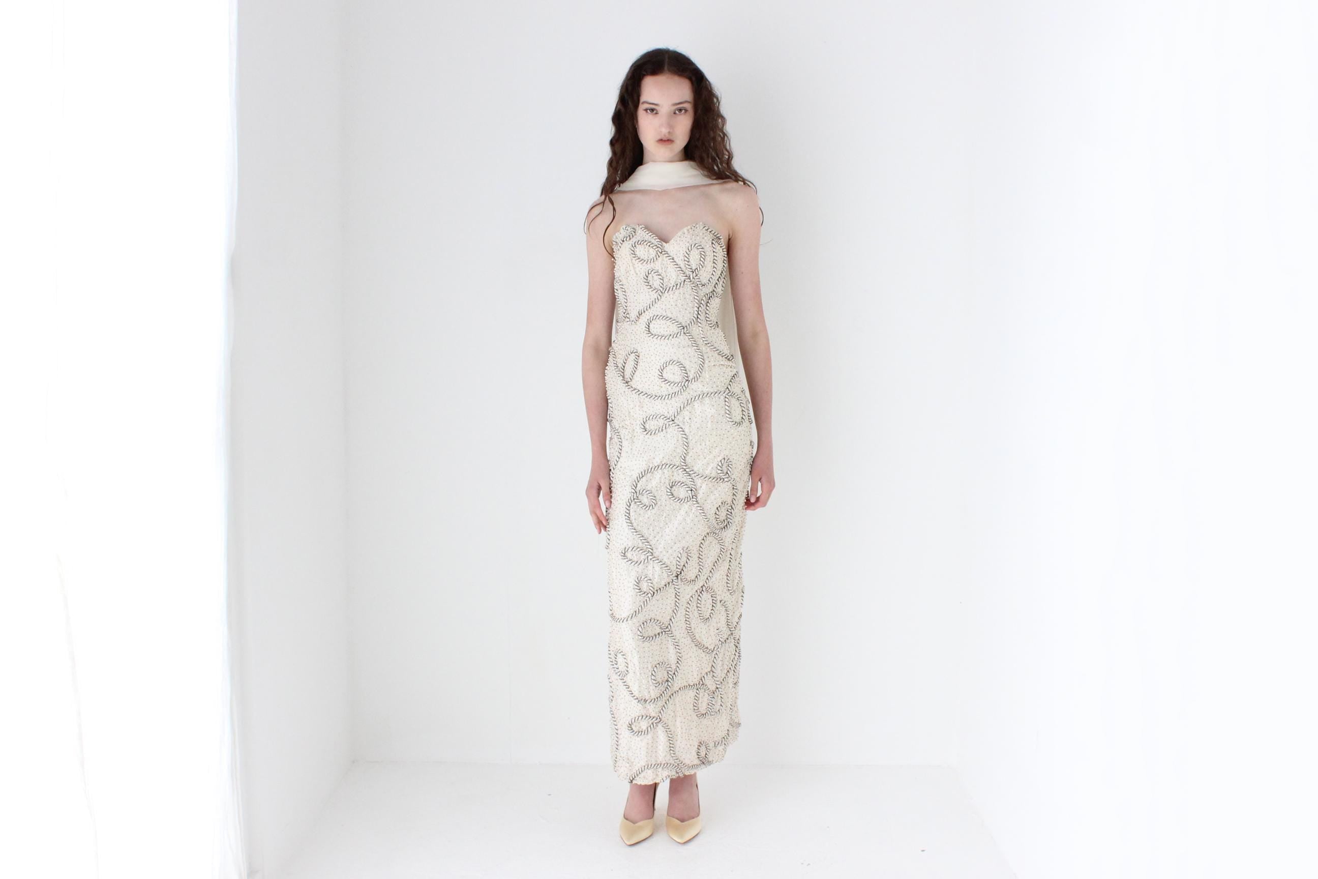 1980s Raw Silk Strapless Hourglass Gown w/ Ropes & Beading